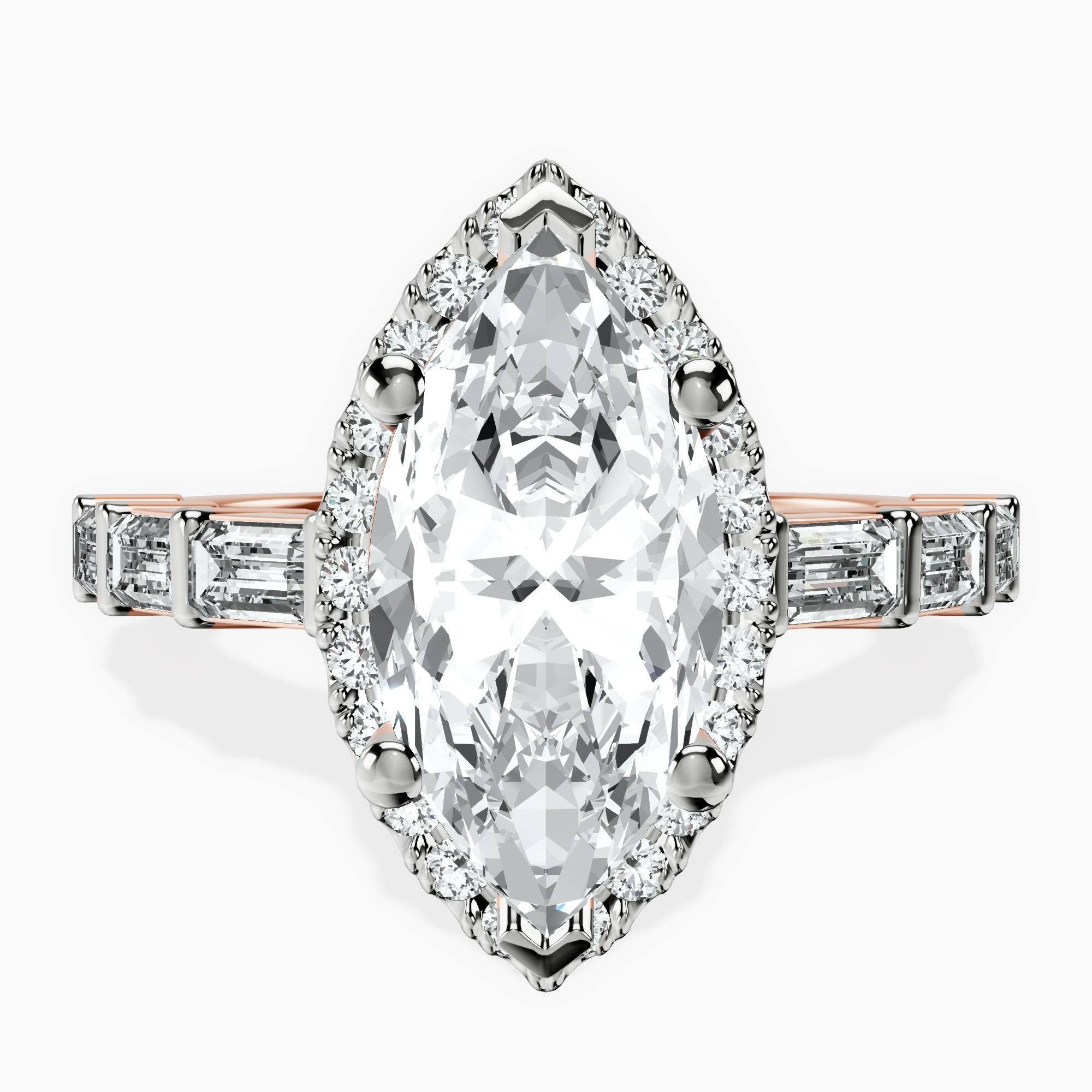 2.73 ct. marquise Rachel Halo Side Stone Ring in 14kt rose gold rtr top