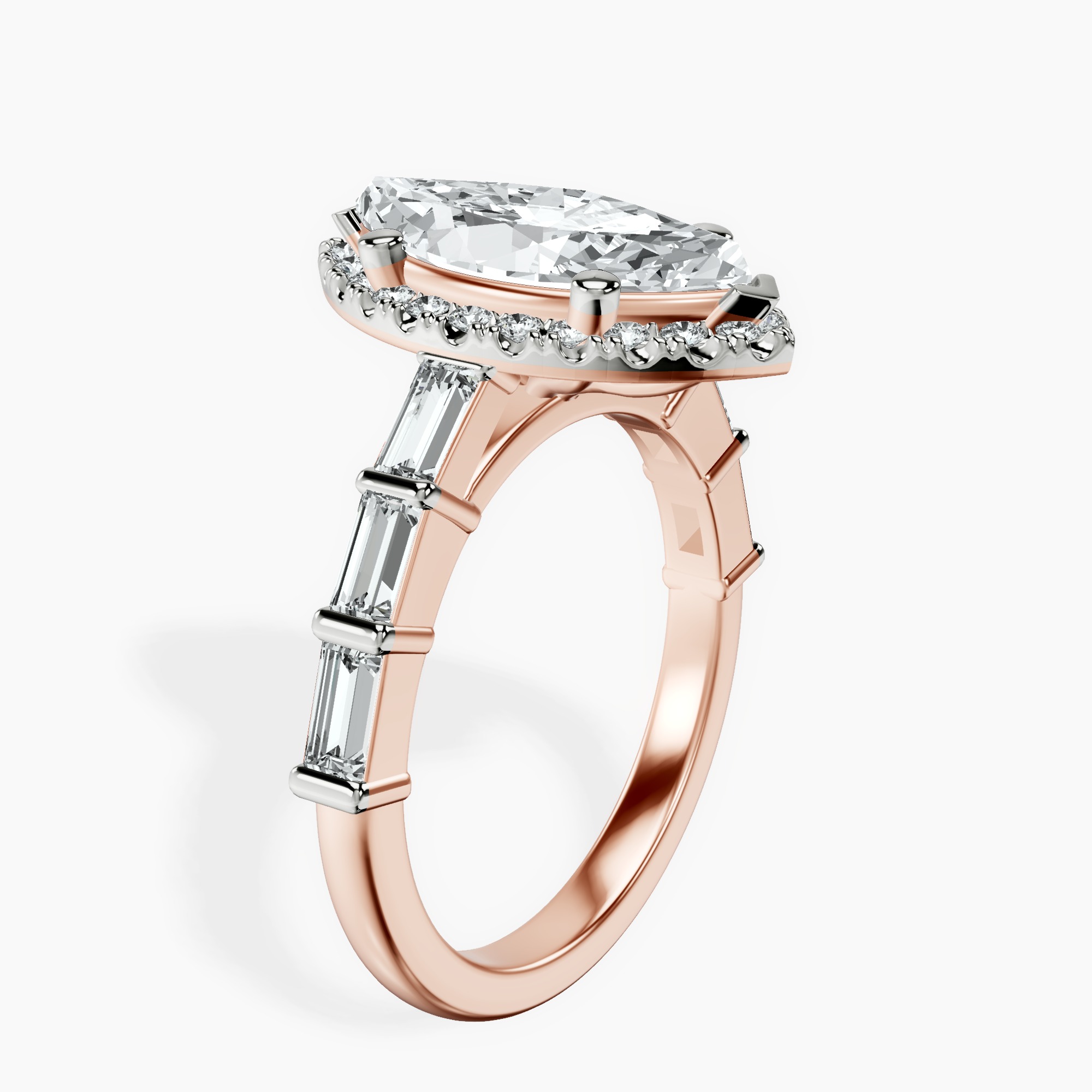 2.73 ct. marquise Rachel Halo Side Stone Ring in 14kt rose gold standing product image one