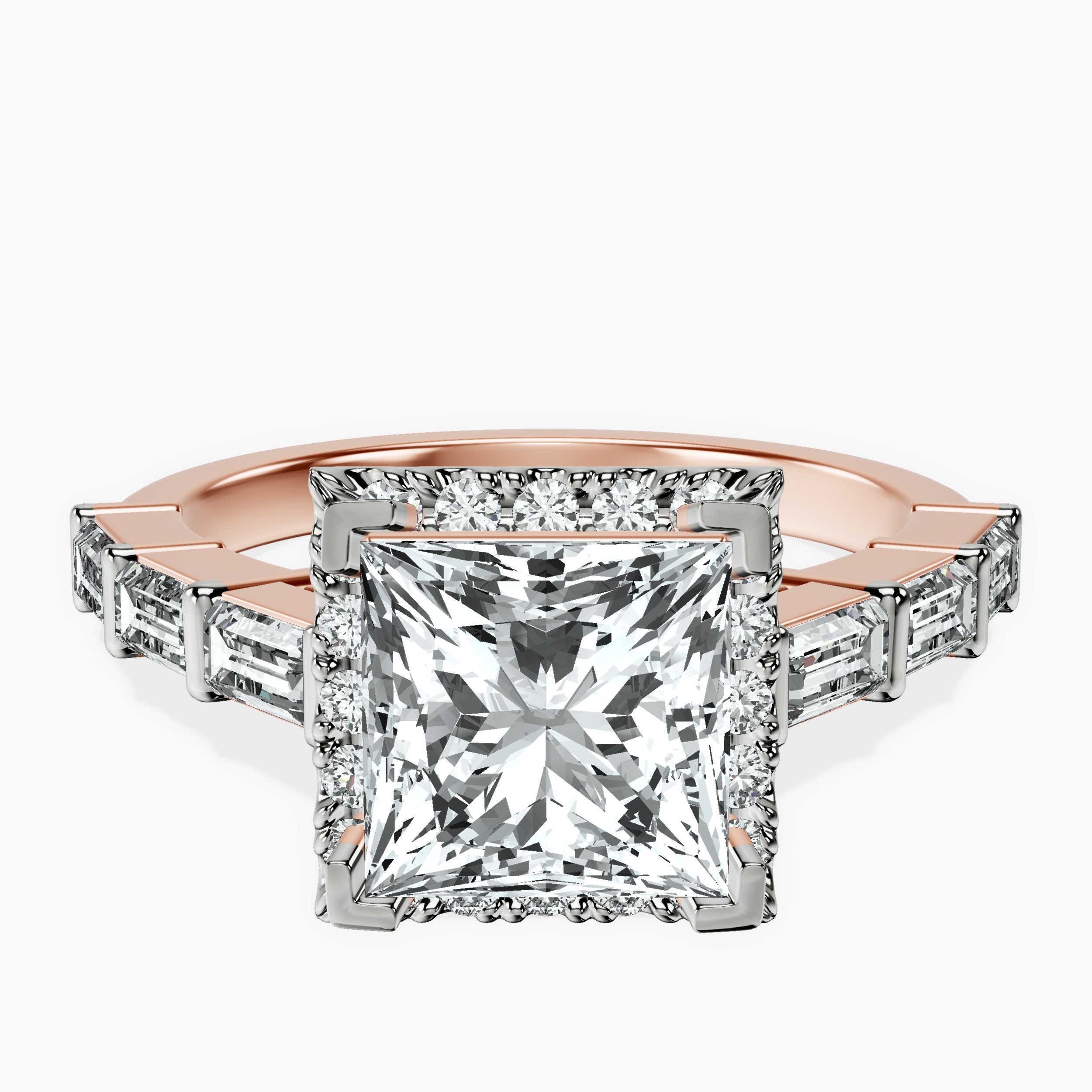 2.81 ct. princess Rachel Halo Side Stone Ring in 18kt rose gold rtr top