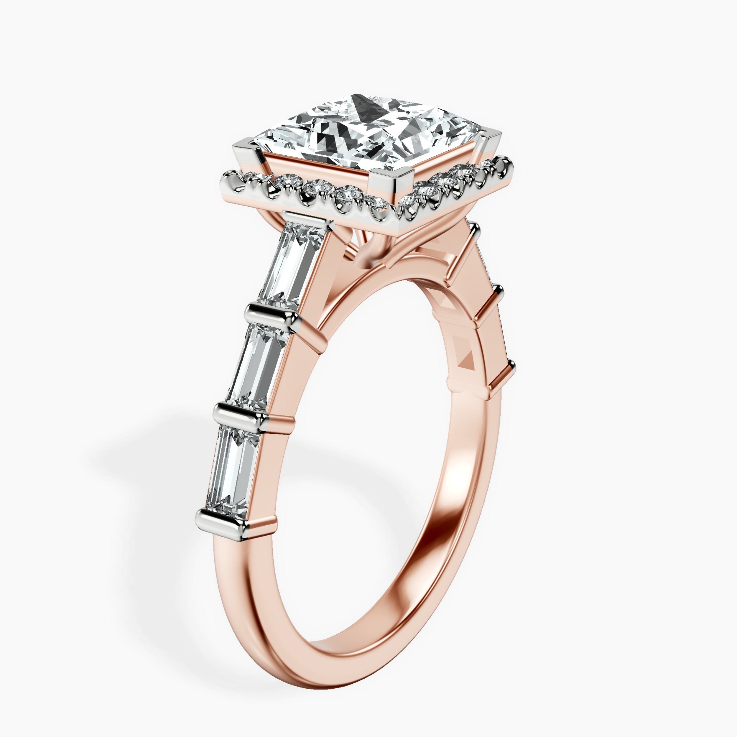 2.81 ct. princess Rachel Halo Side Stone Ring in 18kt rose gold standing product image one