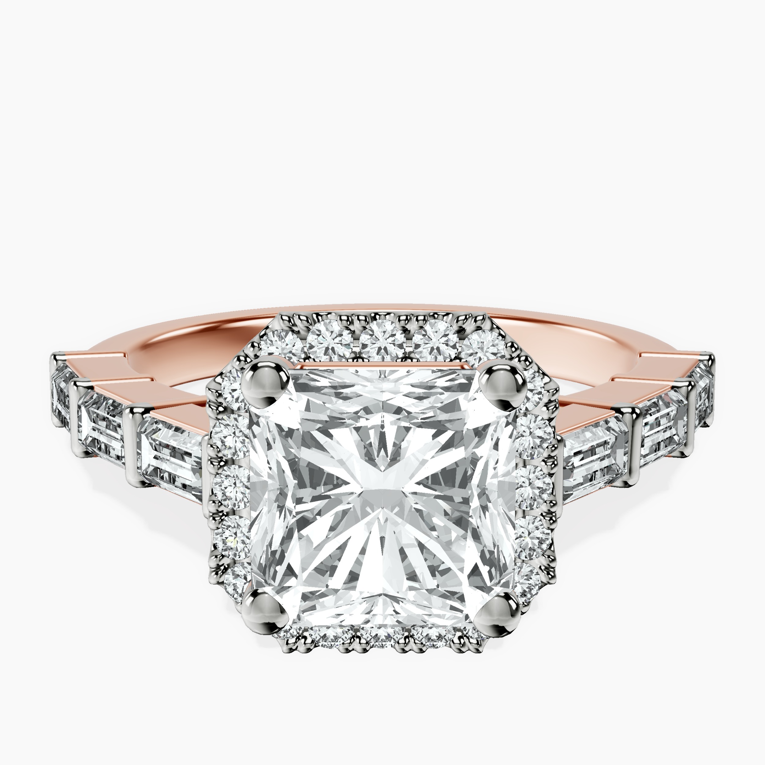 2.94 ct. radiant Rachel Halo Side Stone Ring in 10kt rose gold rtr top