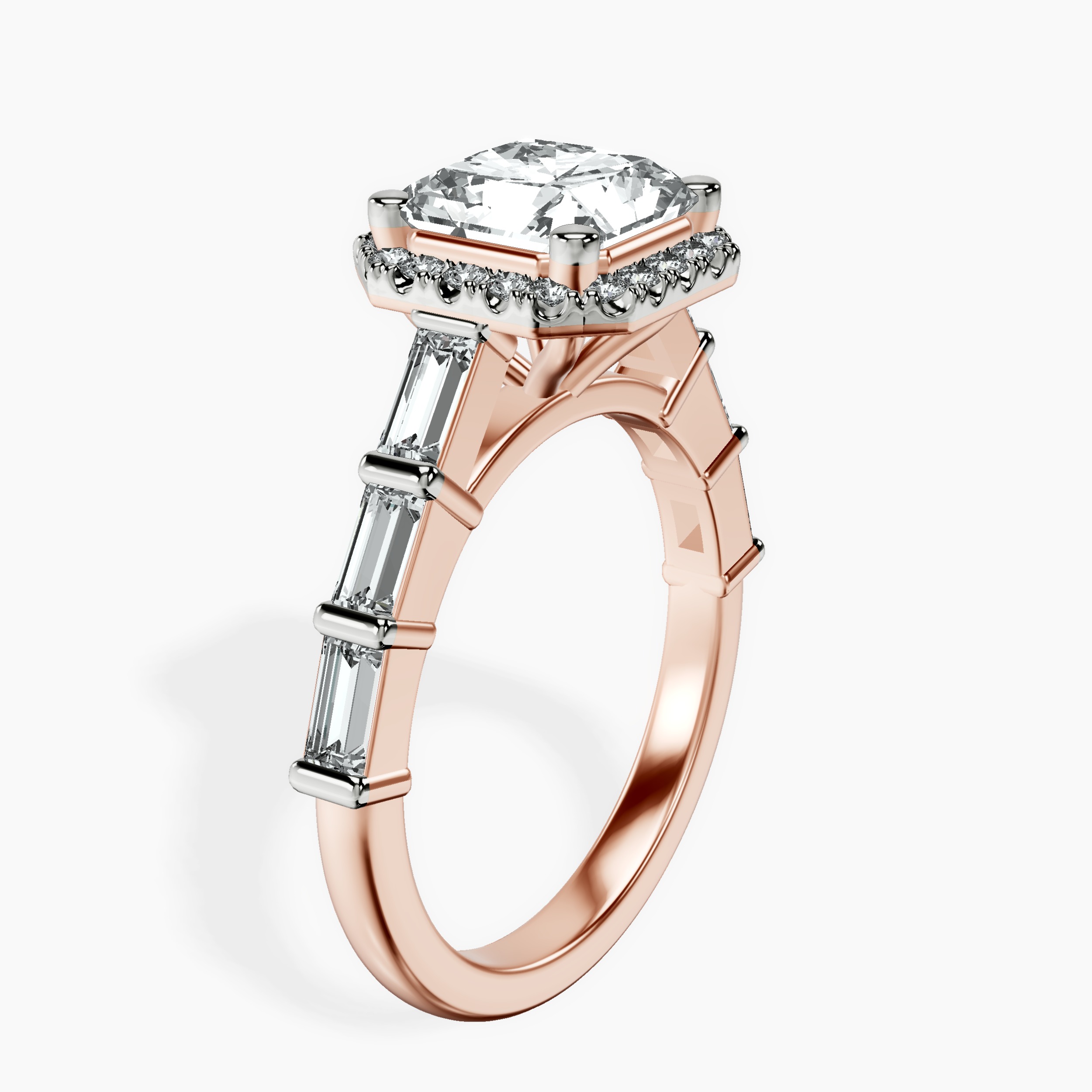 2.94 ct. radiant Rachel Halo Side Stone Ring in 10kt rose gold standing product image one