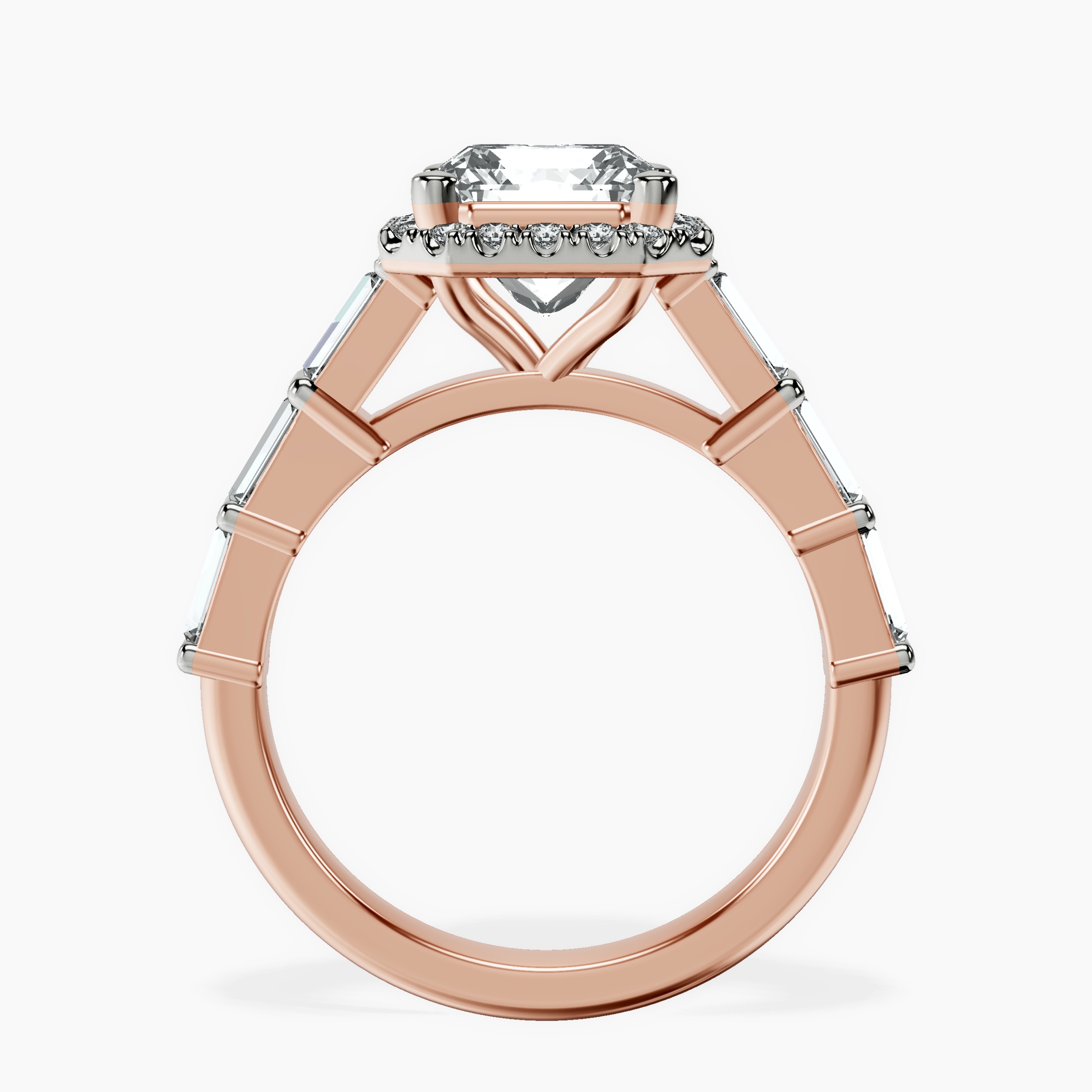 2.94 ct. radiant Rachel Halo Side Stone Ring in 10kt rose gold side right image one