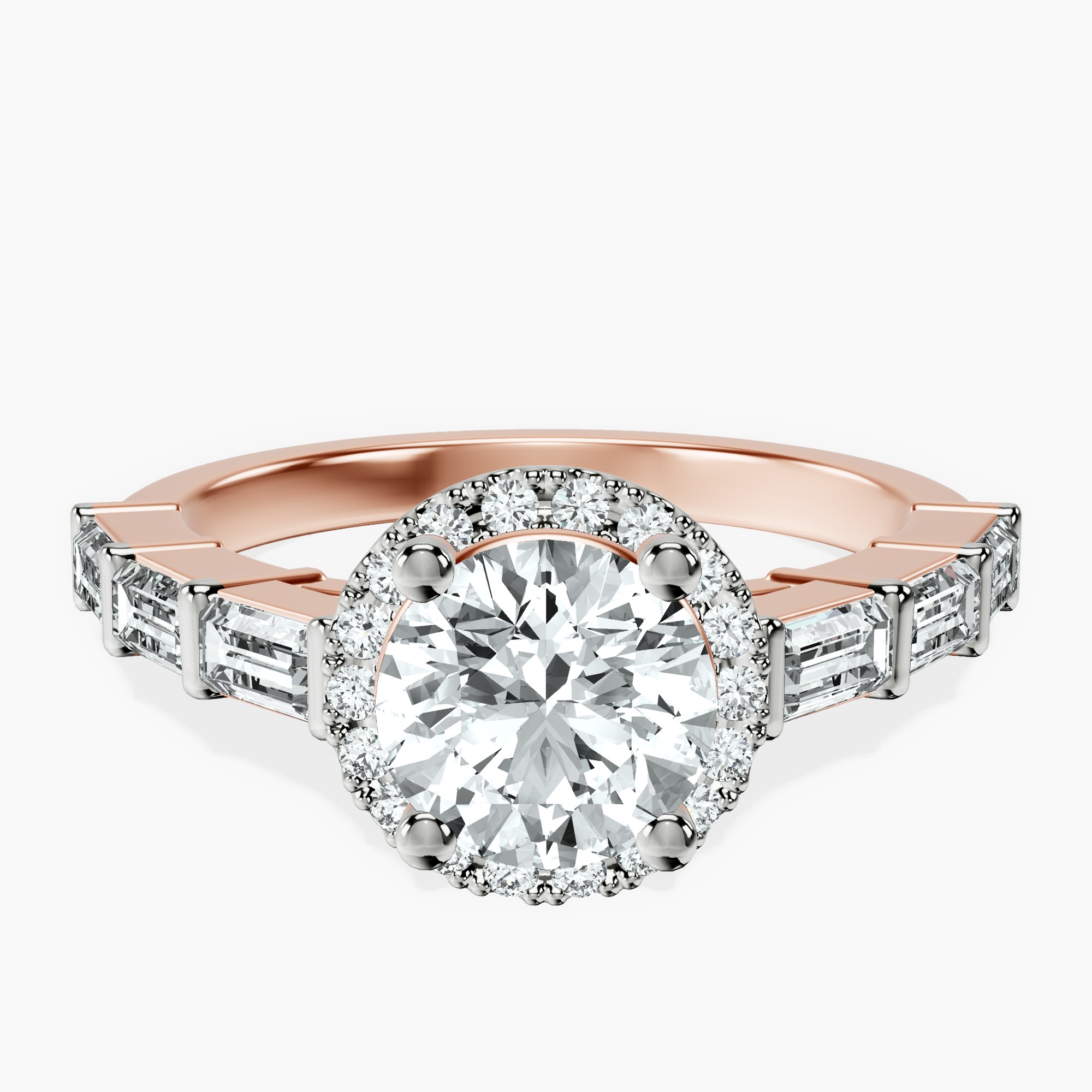 1.39 ct. round Rachel Halo Side Stone Ring in 14kt rose gold rtr top