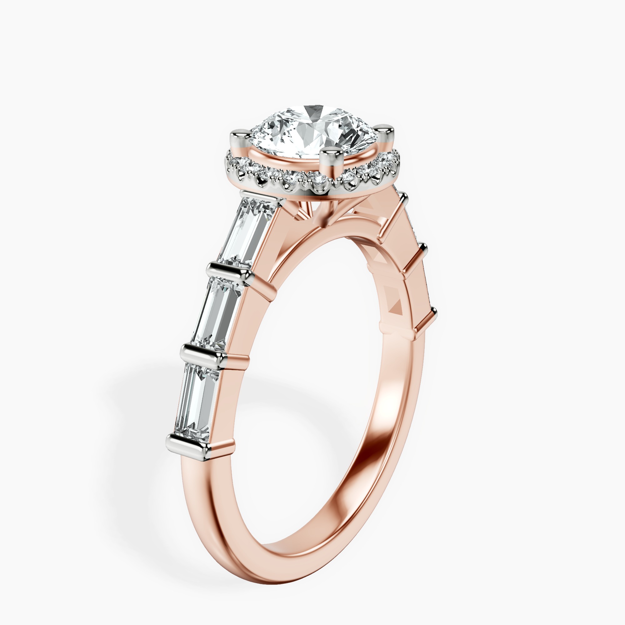 1.39 ct. round Rachel Halo Side Stone Ring in 14kt rose gold standing product image one