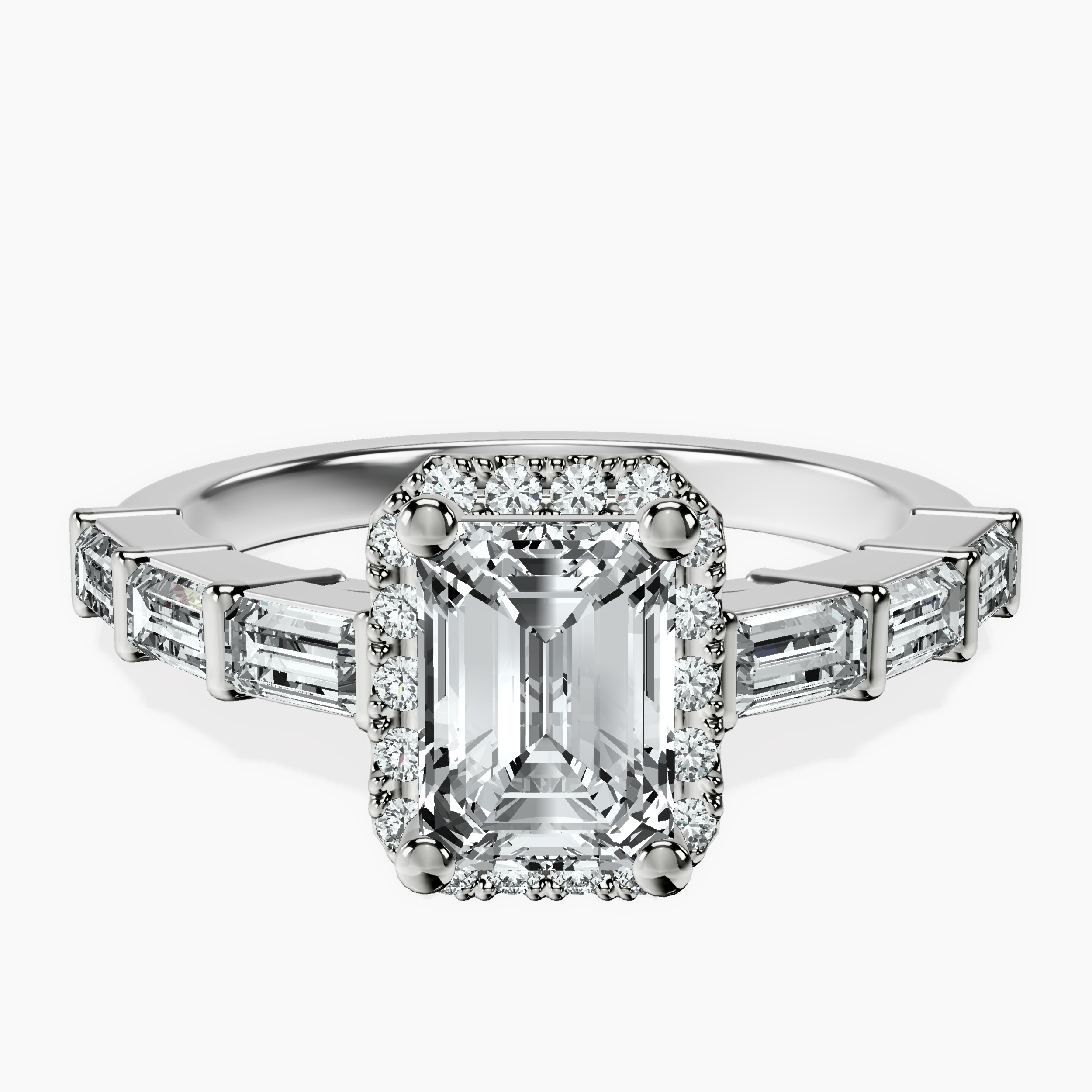 1.48 ct. emerald Rachel Halo Side Stone Ring in 10kt white gold rtr top