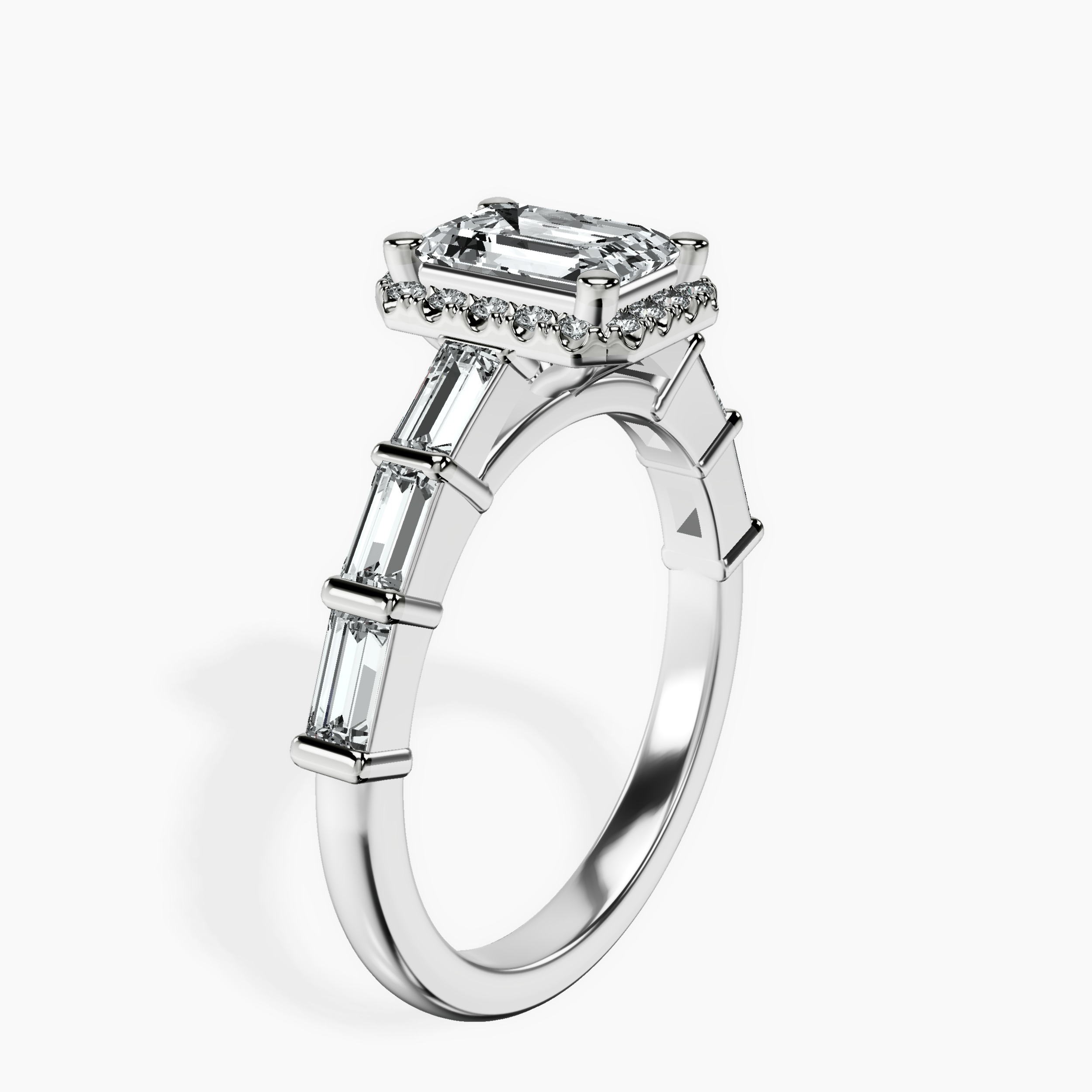 1.48 ct. emerald Rachel Halo Side Stone Ring in 10kt white gold standing product image one