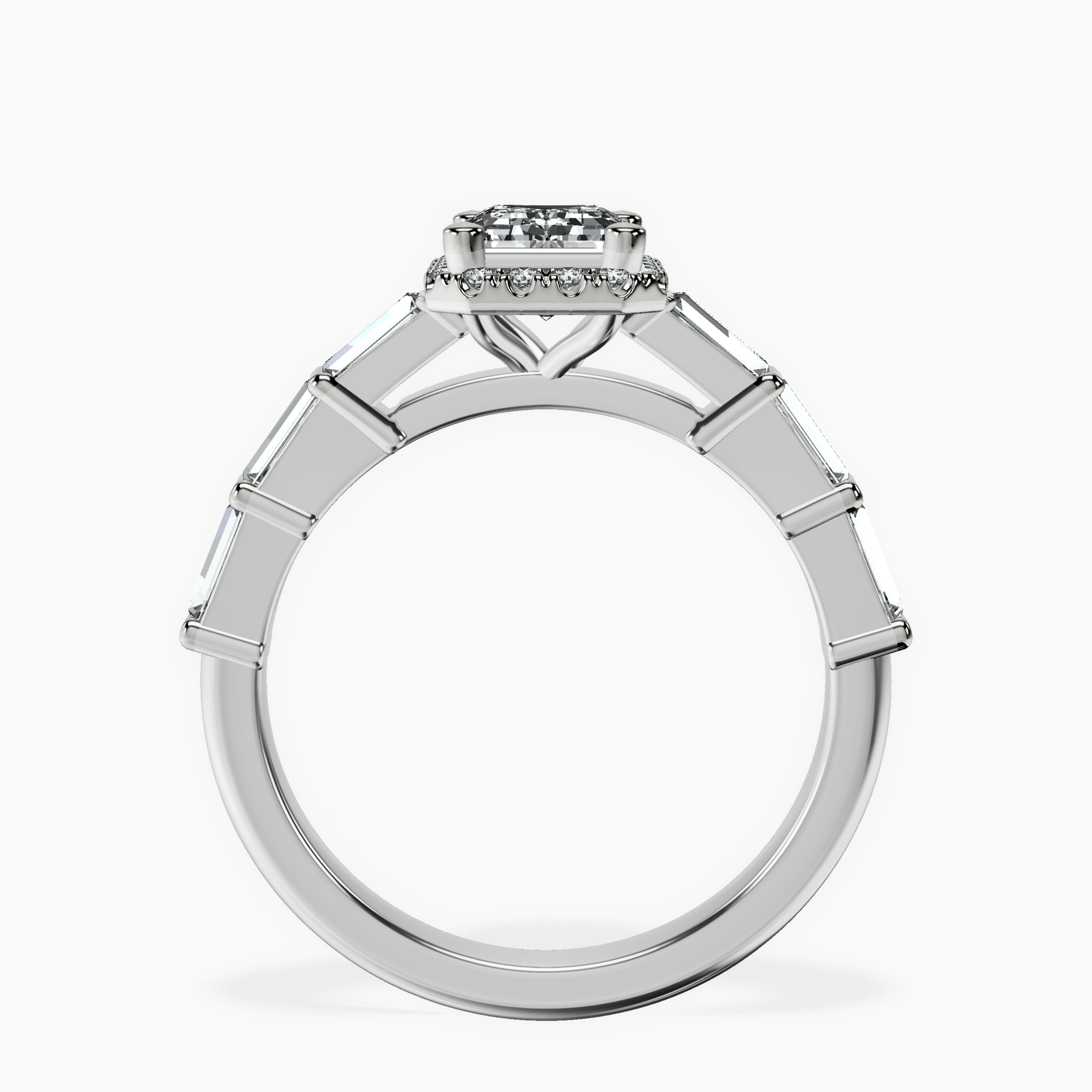 1.48 ct. emerald Rachel Halo Side Stone Ring in 10kt white gold side right image one