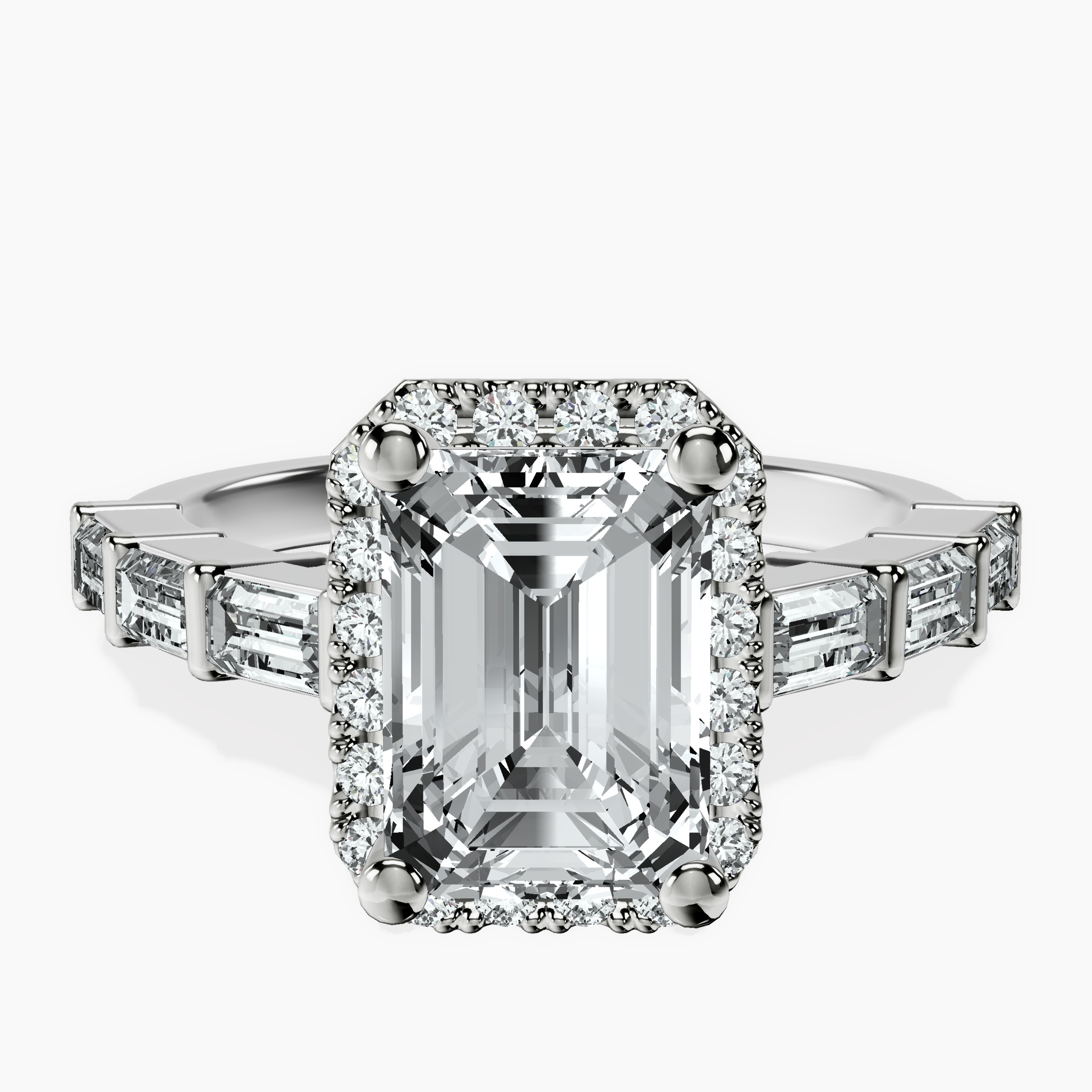 2.91 ct. emerald Rachel Halo Side Stone Ring in 14kt white gold rtr top