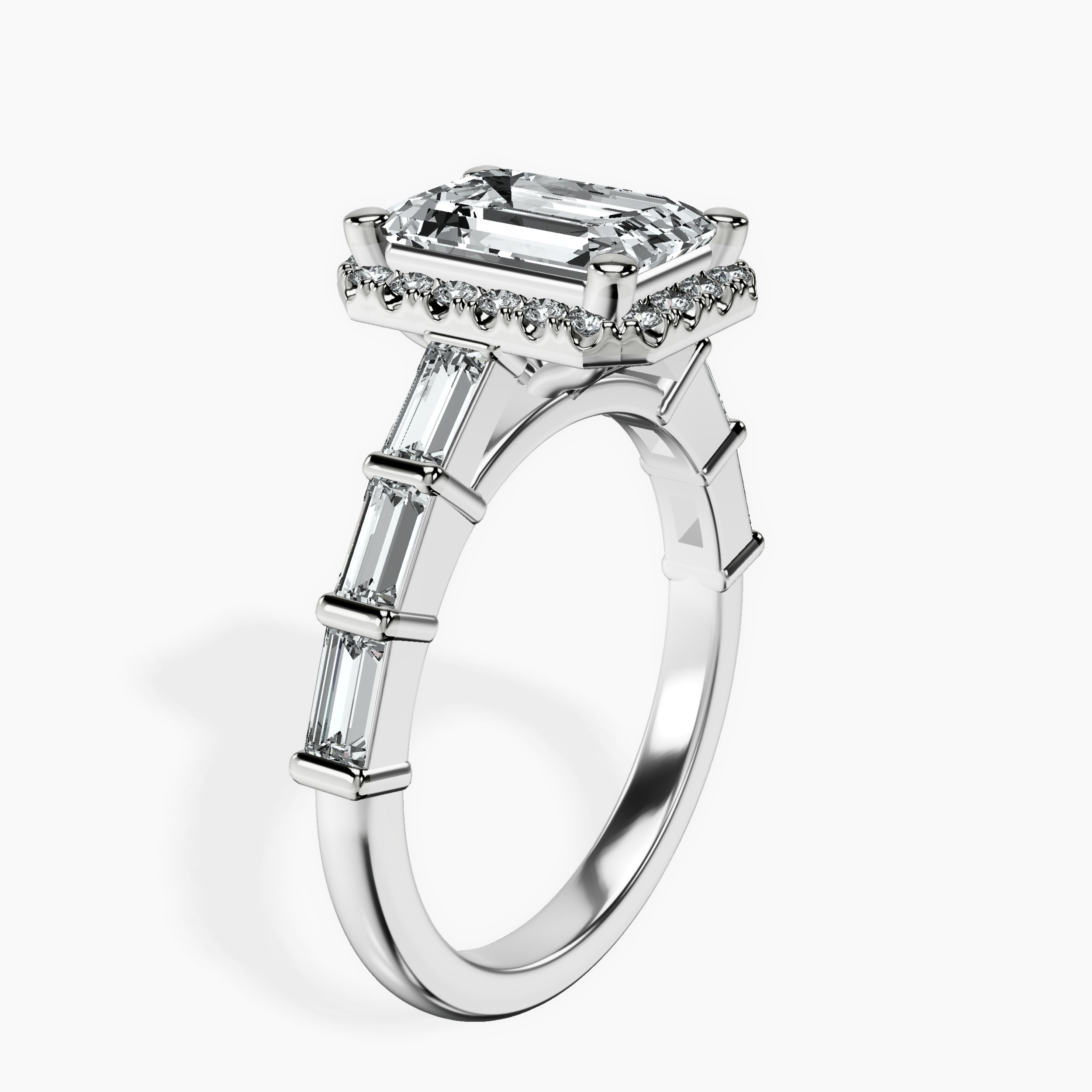 2.91 ct. emerald Rachel Halo Side Stone Ring in 14kt white gold standing product image one