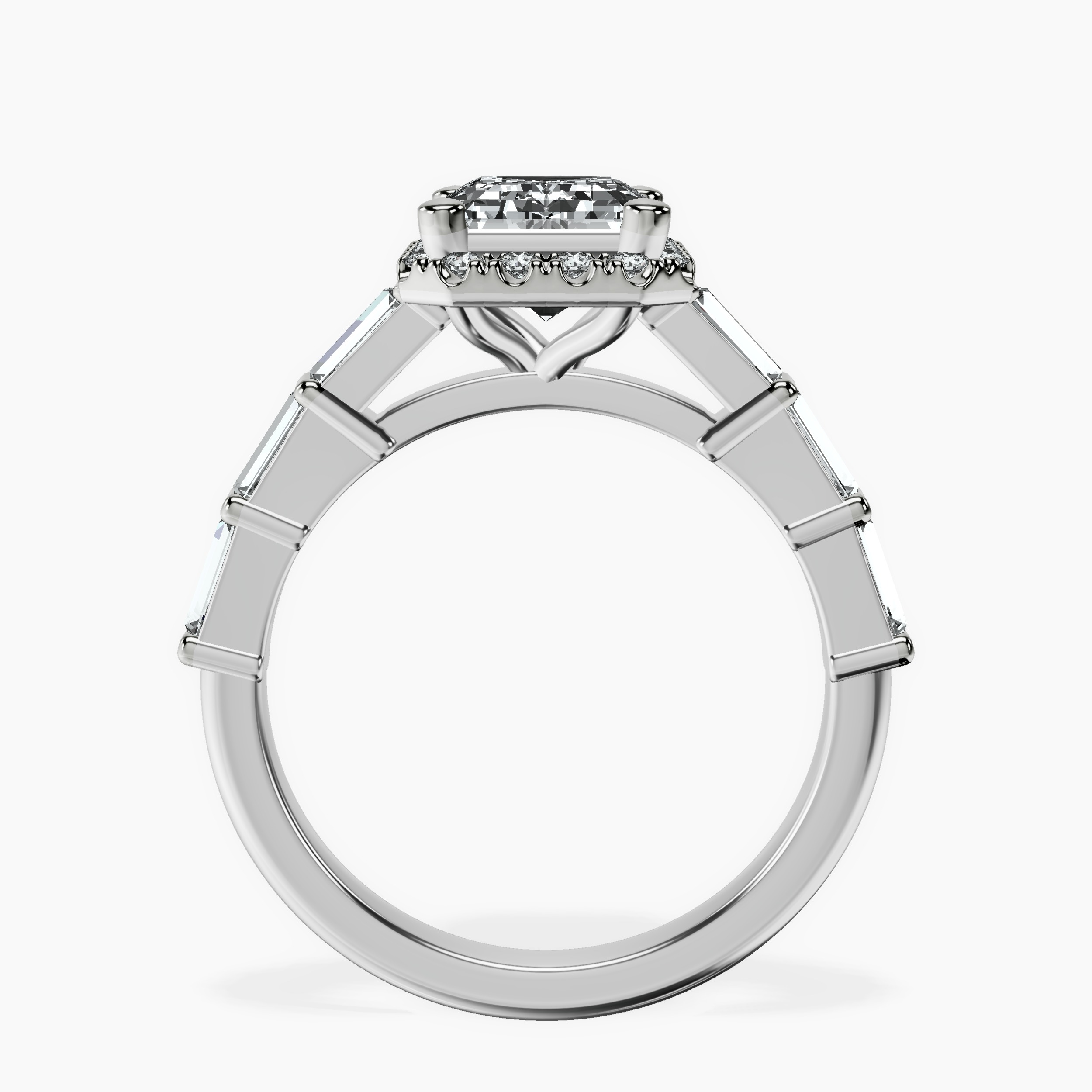 2.91 ct. emerald Rachel Halo Side Stone Ring in 14kt white gold side right image one
