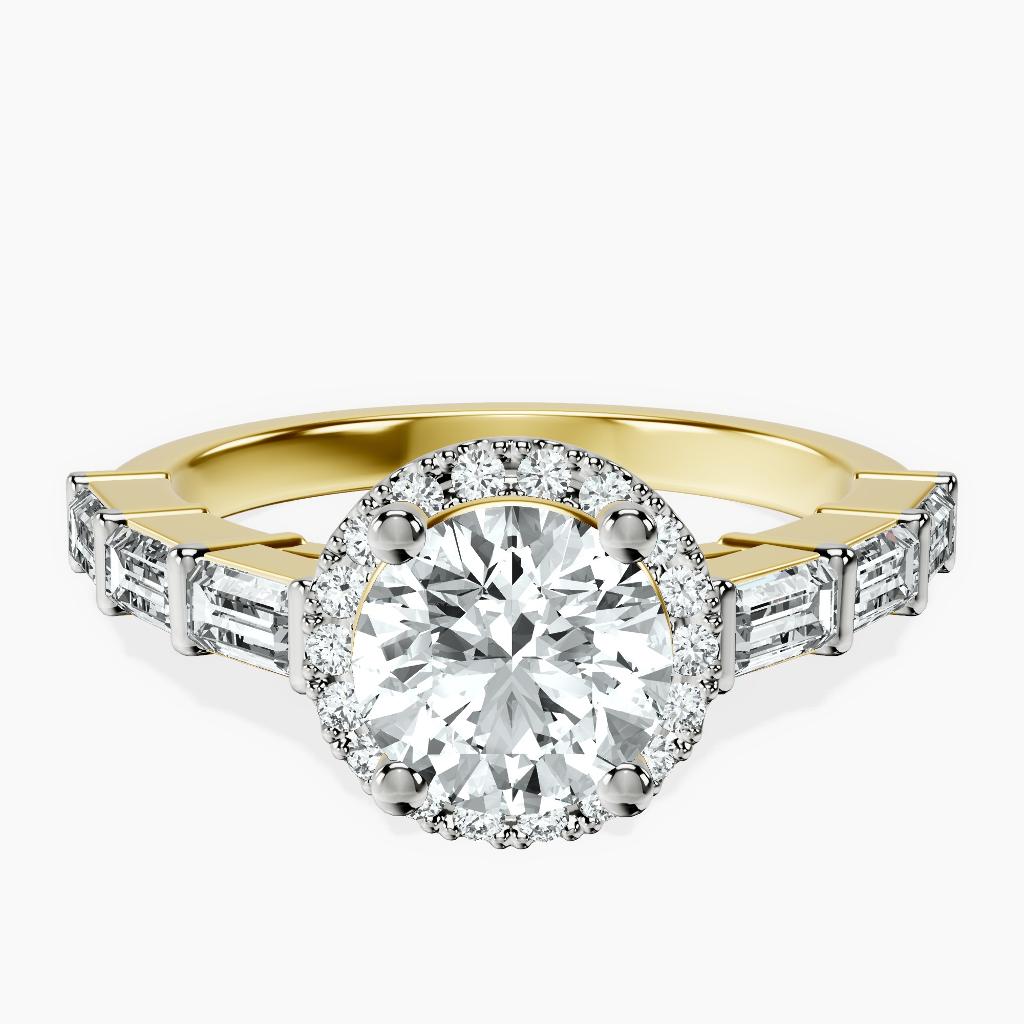 1.39 ct. round Rachel Halo Side Stone Ring in 14kt yellow gold rtr top
