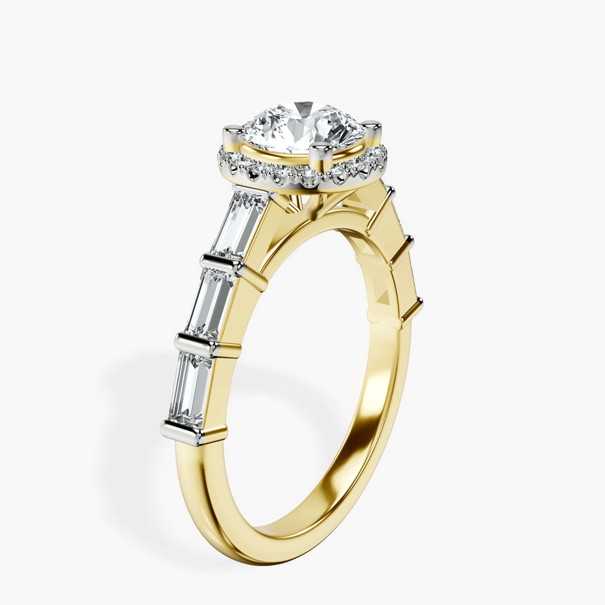 1.39 ct. round Rachel Halo Side Stone Ring in 14kt yellow gold standing product image one