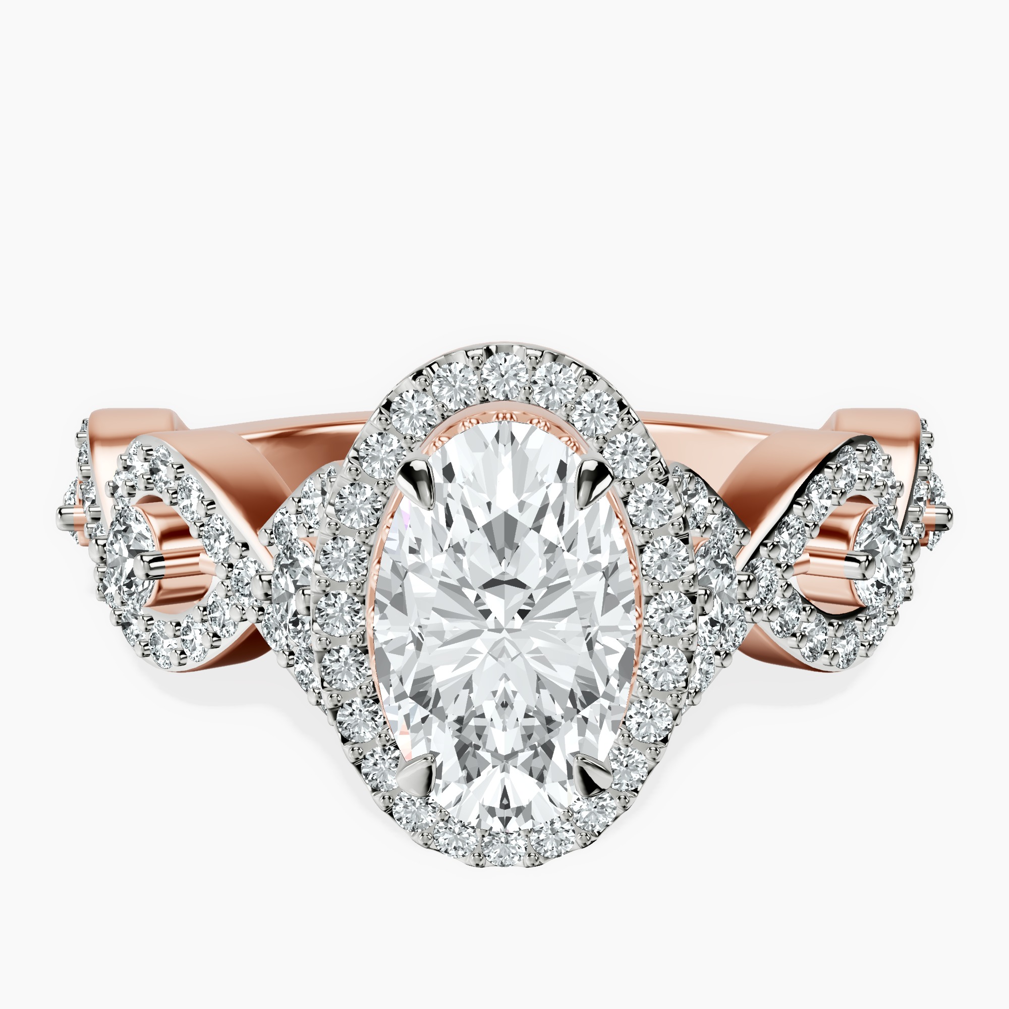 1.37 ct. oval Prestigia criss cross halo ring in 14kt rose gold rtr top