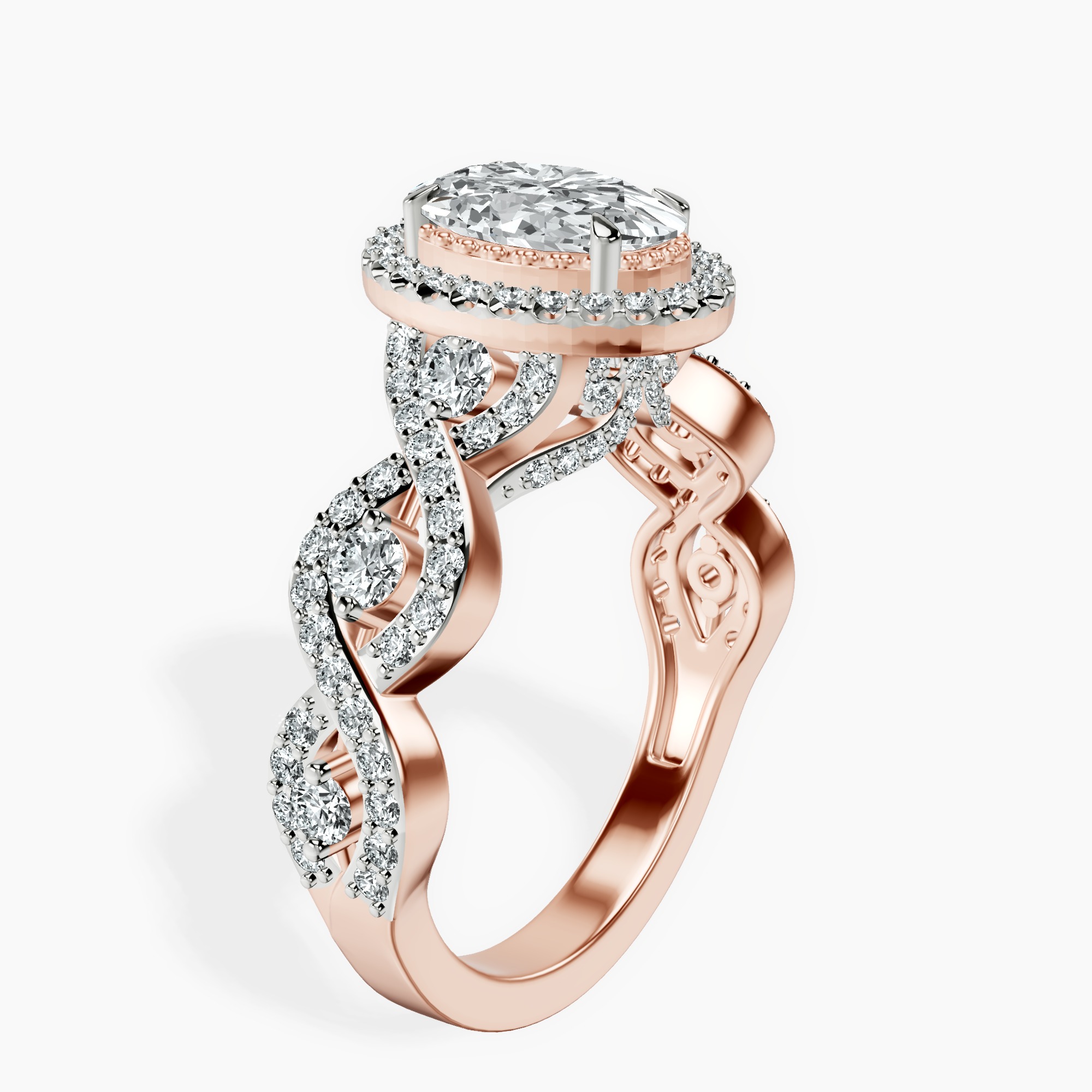 1.37 ct. oval Prestigia criss cross halo ring in 14kt rose gold standing product image one