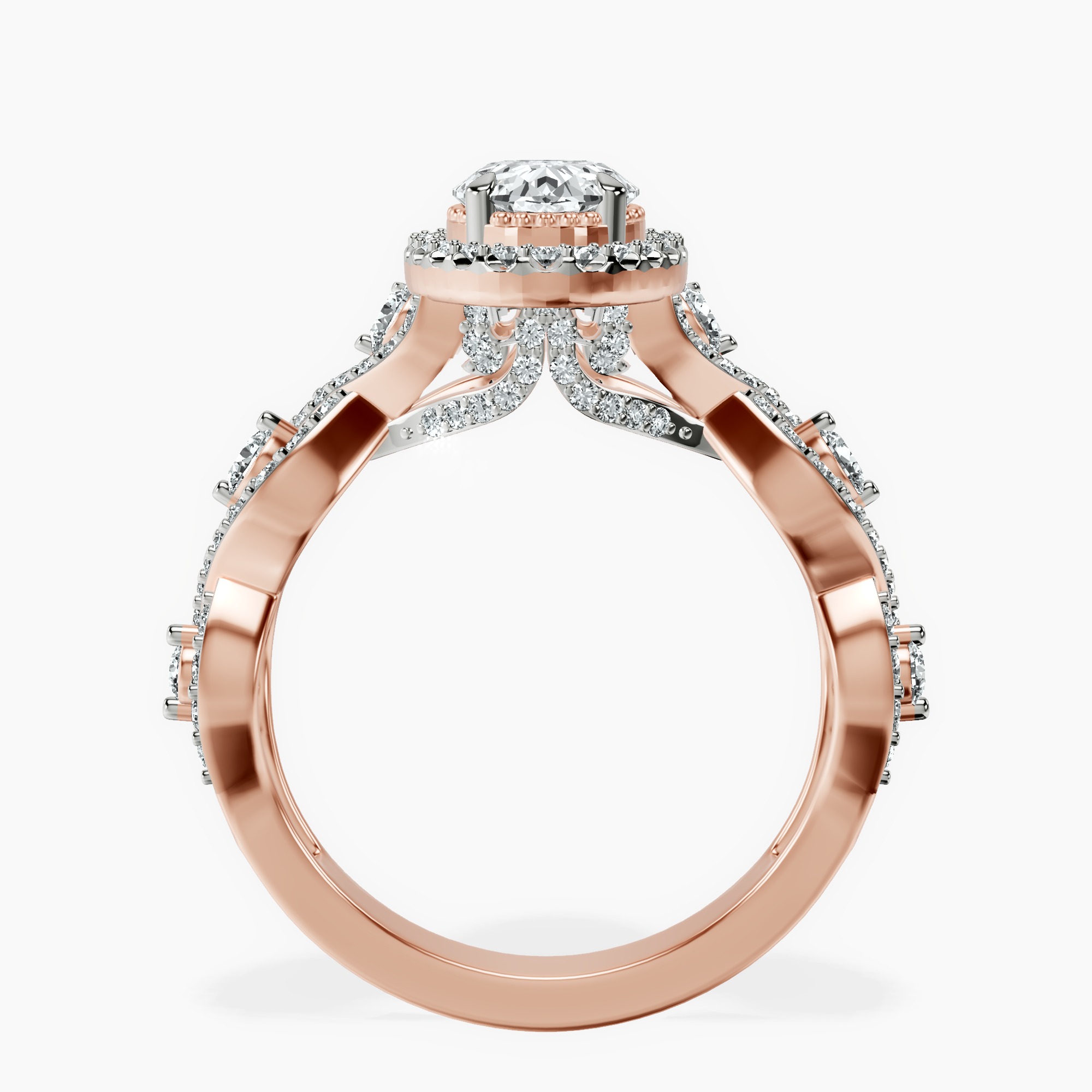 1.37 ct. oval Prestigia criss cross halo ring in 14kt rose gold side right image one
