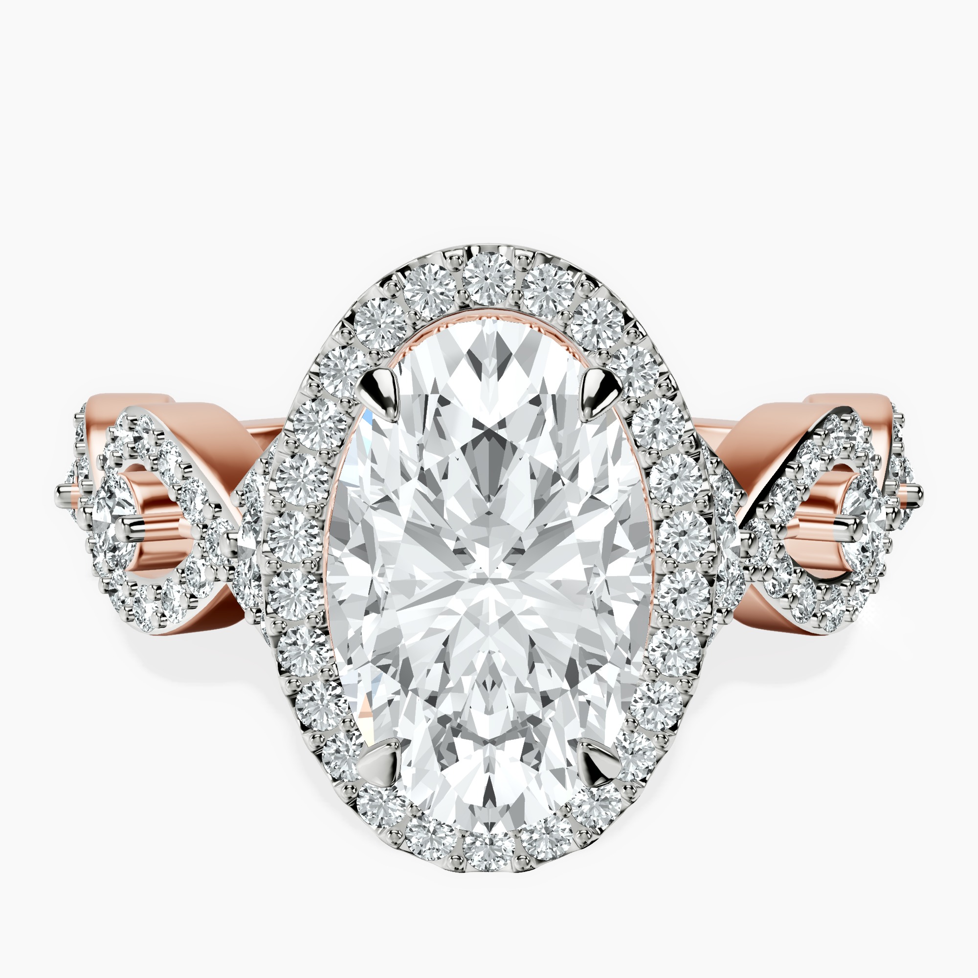 2.44 ct. oval Prestigia criss cross halo ring in 10kt rose gold rtr top