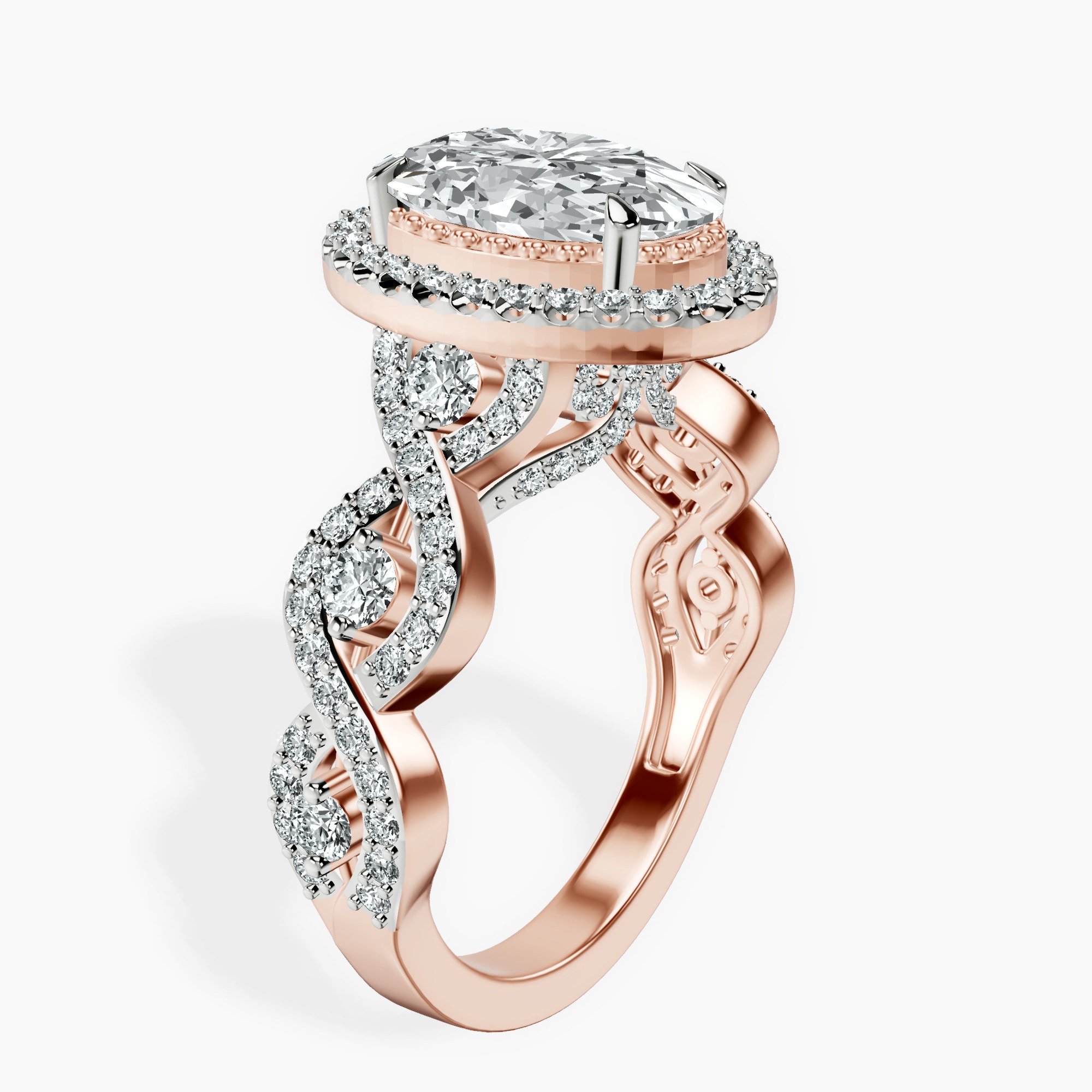 2.44 ct. oval Prestigia criss cross halo ring in 10kt rose gold standing product image one