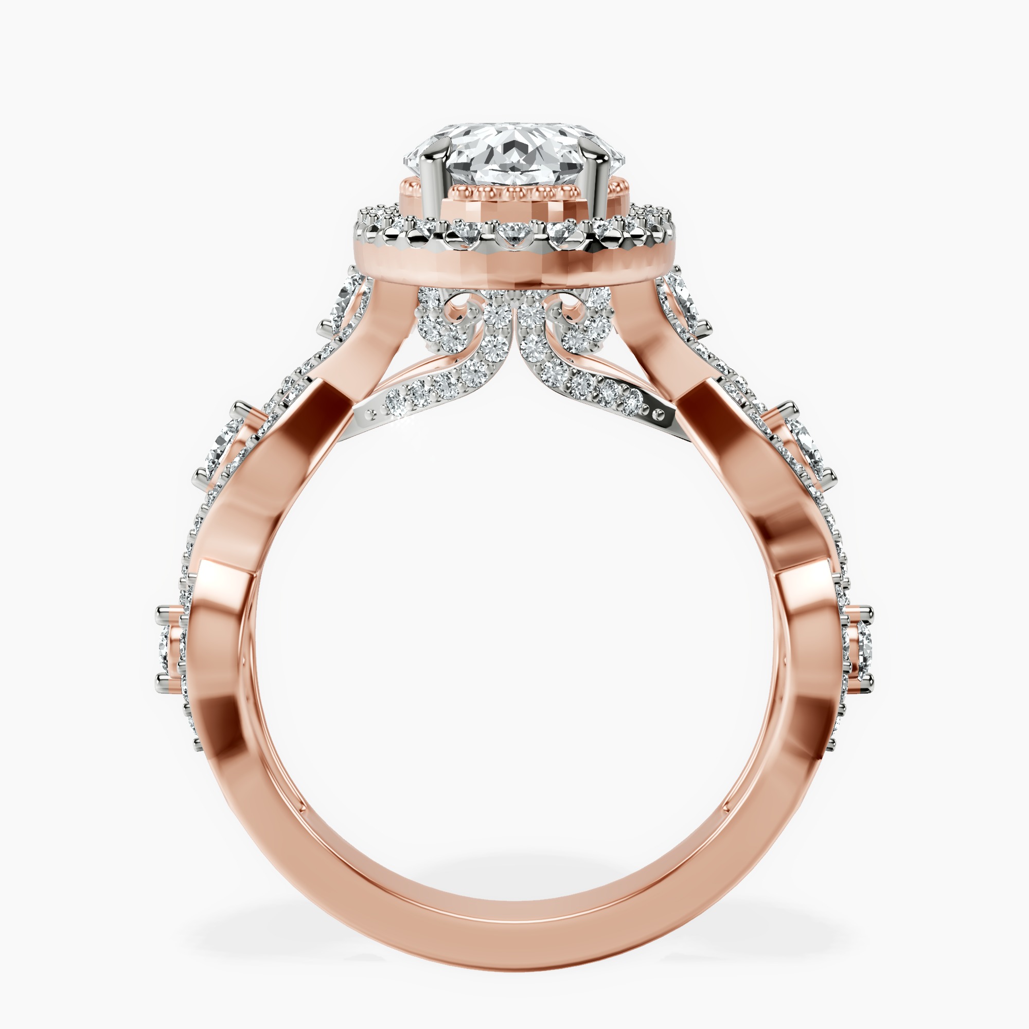 2.44 ct. oval Prestigia criss cross halo ring in 10kt rose gold side right image one