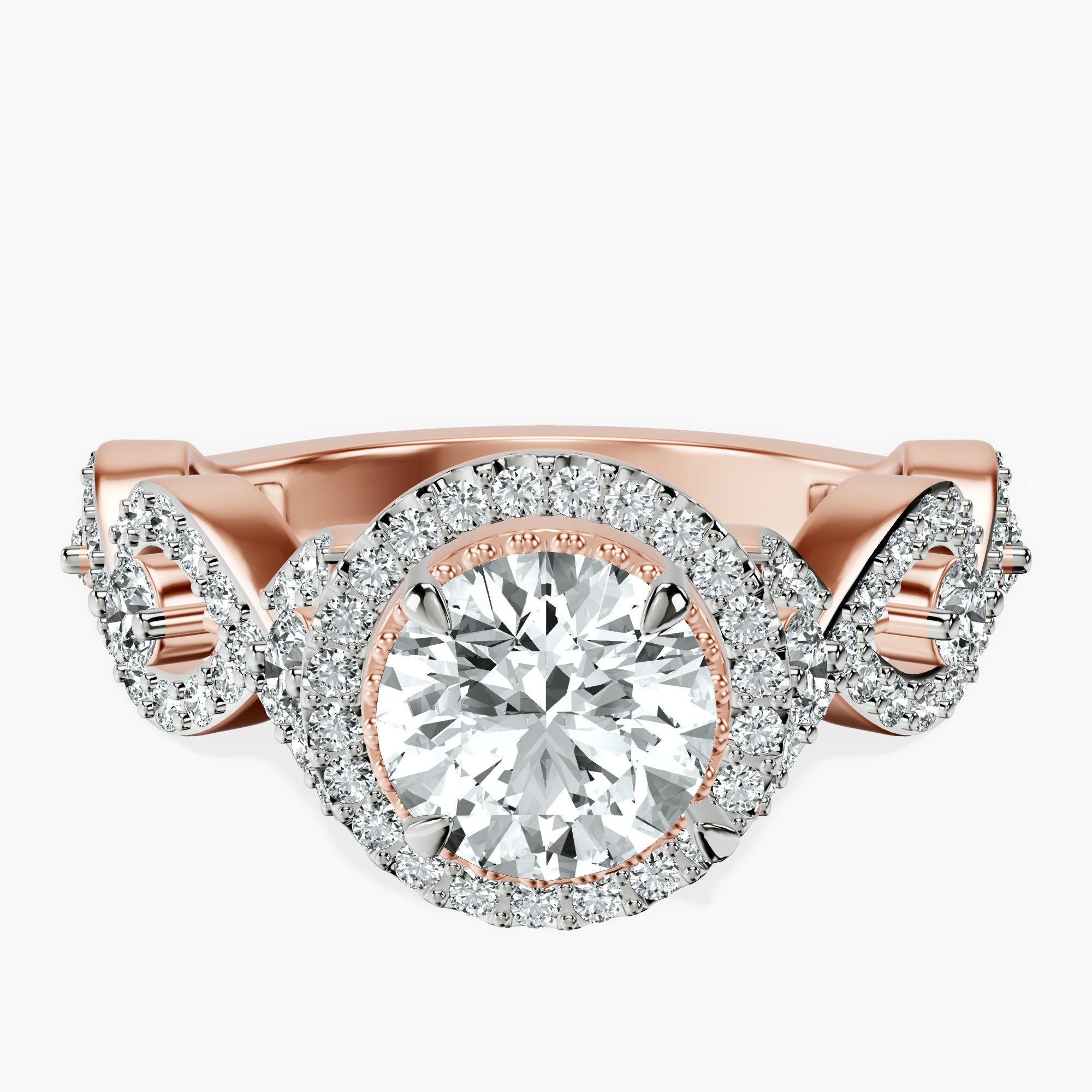 1.39 ct. round Prestigia criss cross halo ring in 10kt rose gold rtr top
