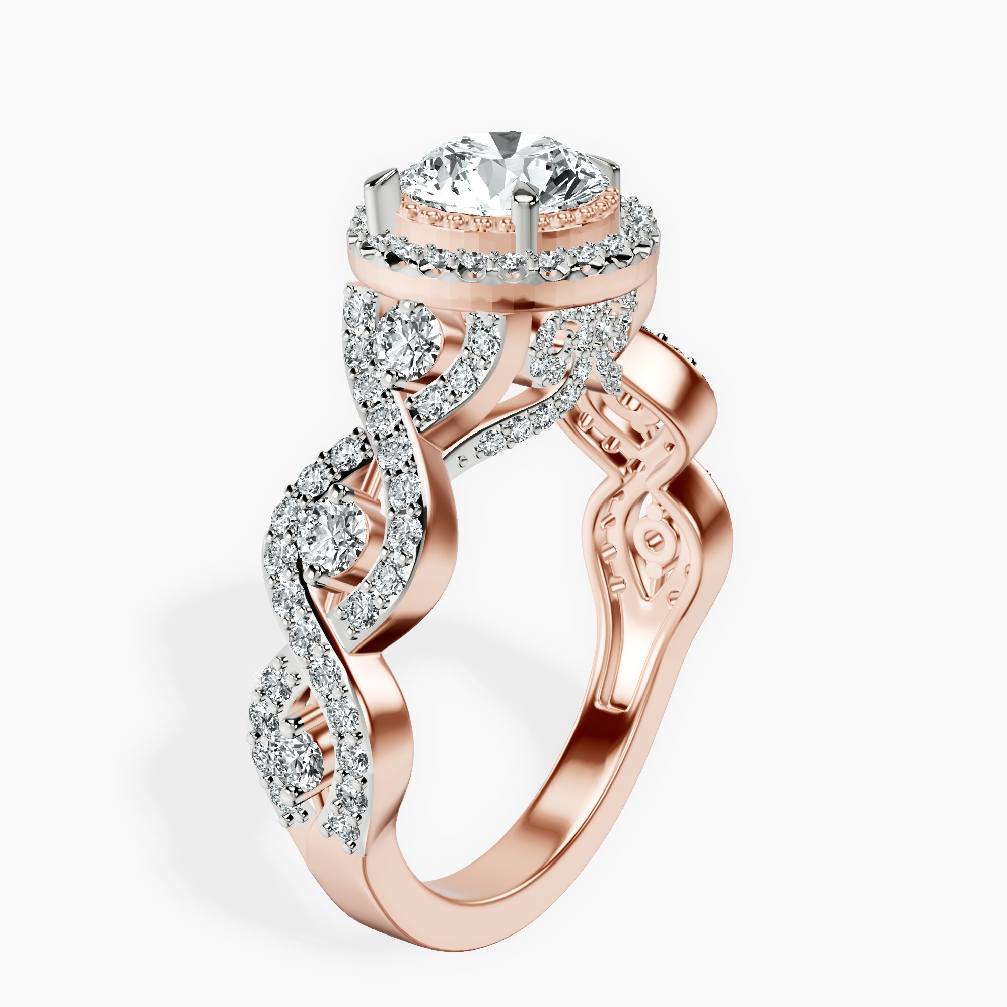 1.39 ct. round Prestigia criss cross halo ring in 10kt rose gold standing product image one