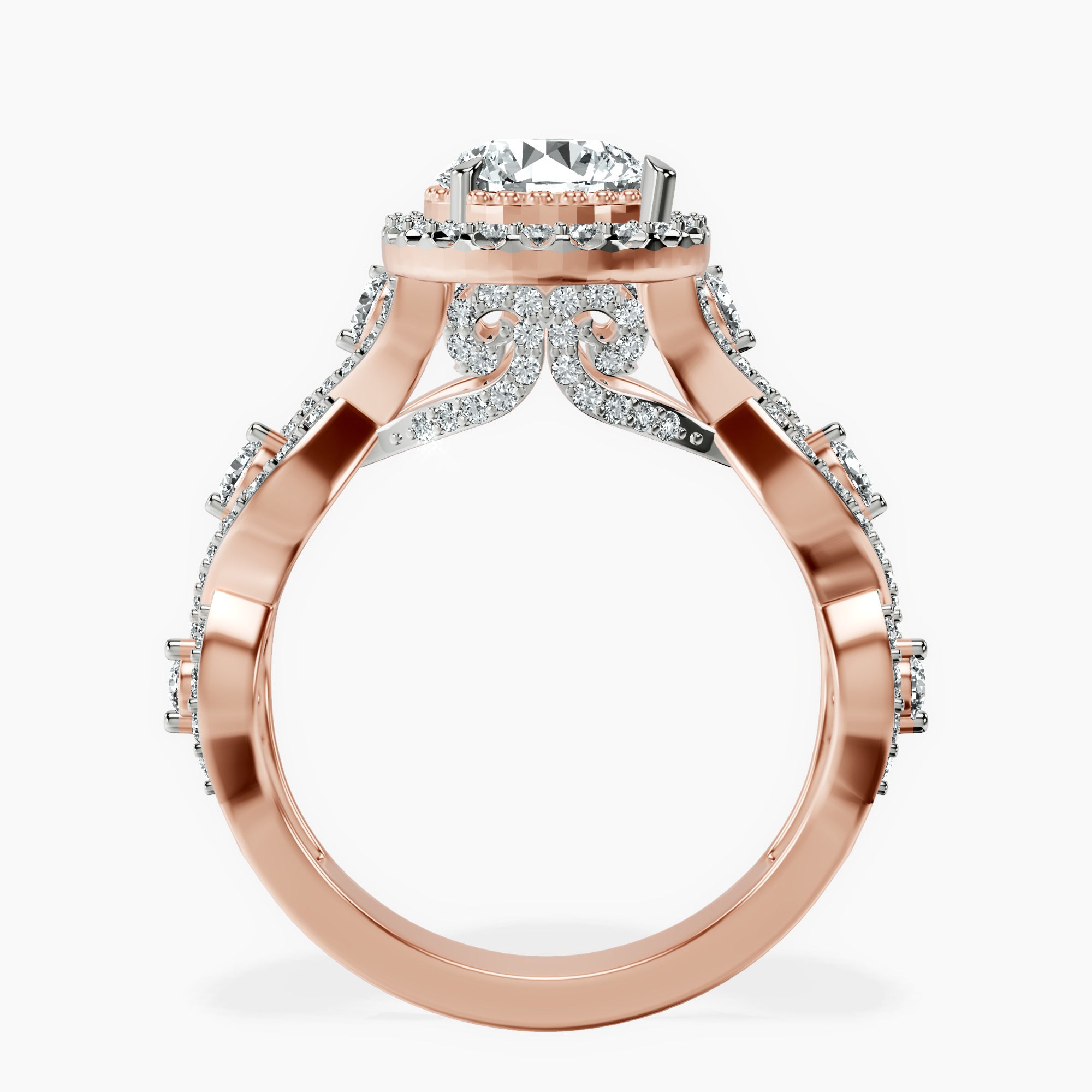 1.39 ct. round Prestigia criss cross halo ring in 10kt rose gold side right image one