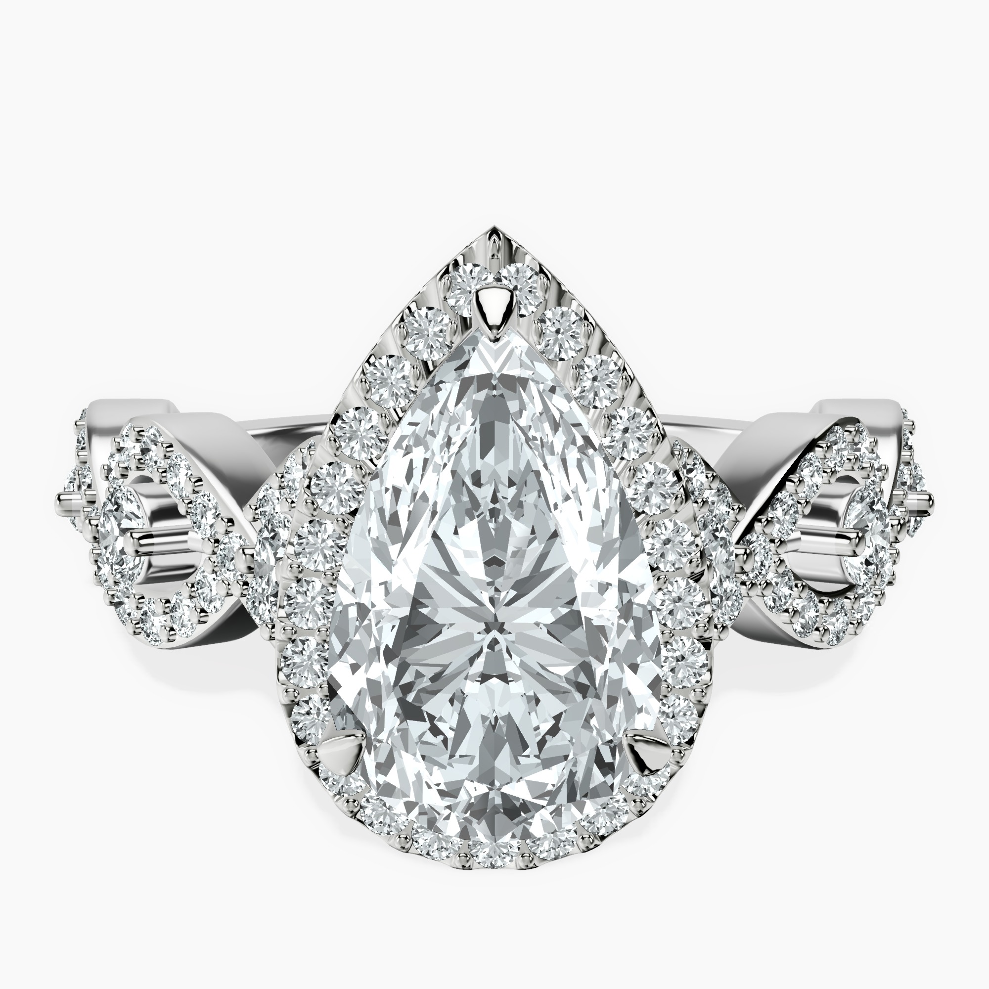 2.96 ct. pear Prestigia criss cross halo ring in 14kt white gold rtr top