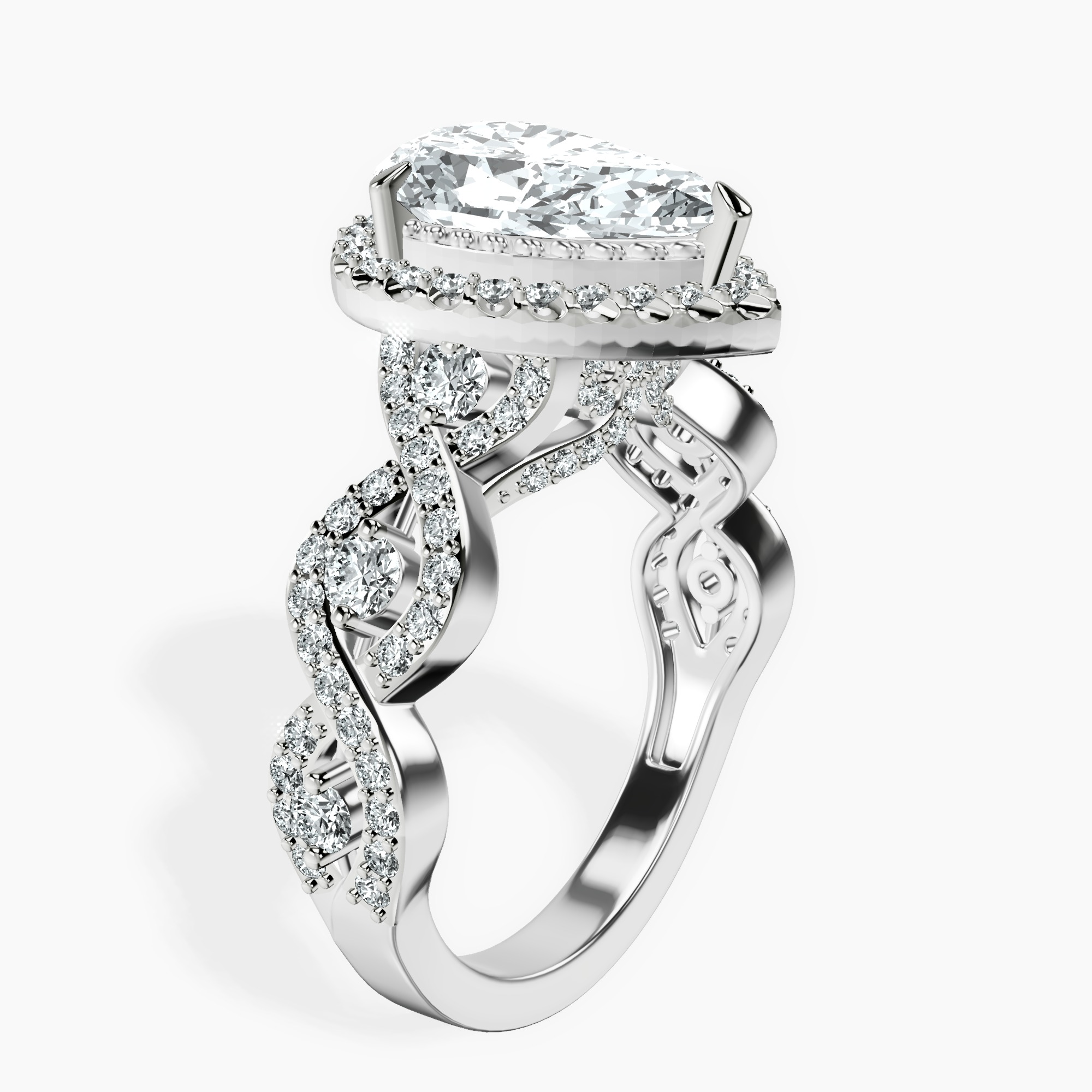 2.96 ct. pear Prestigia criss cross halo ring in 14kt white gold standing product image one