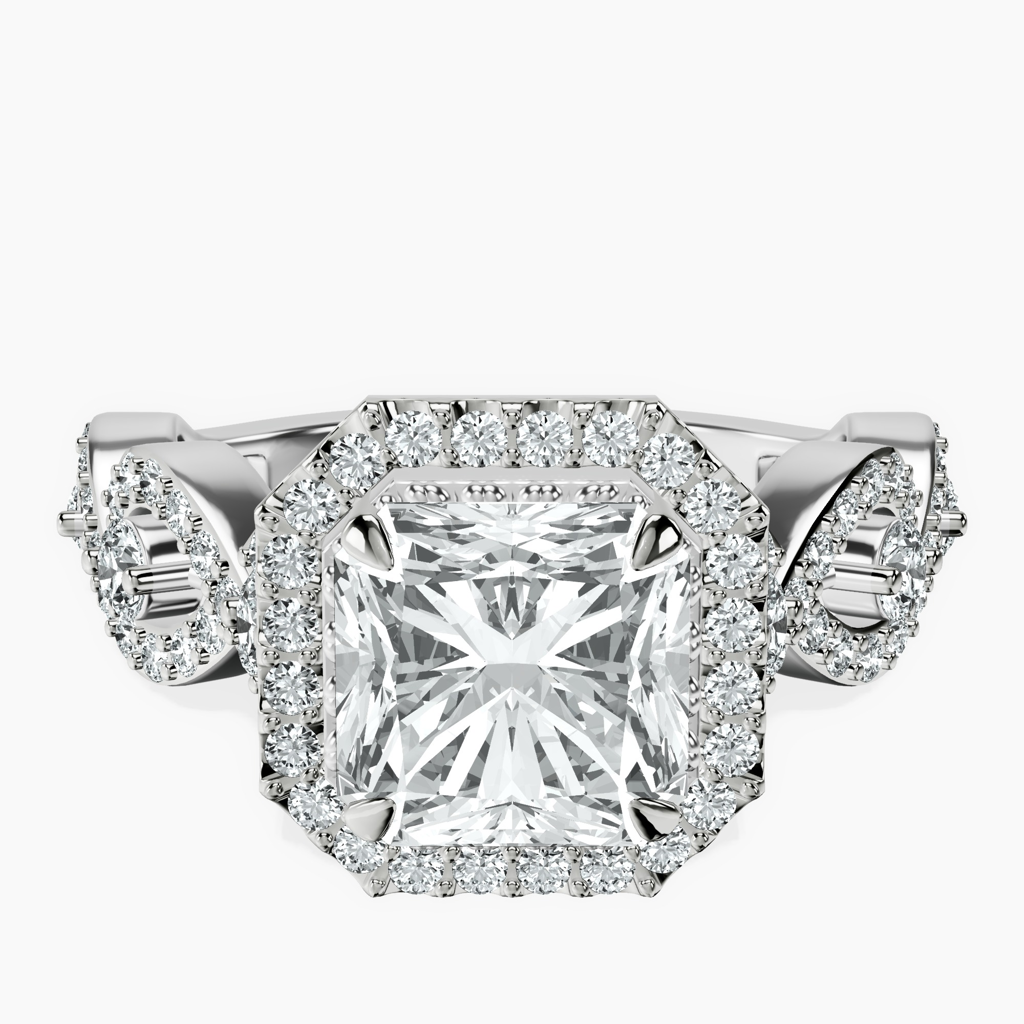 2.94 ct. radiant Prestigia criss cross halo ring in platinum rtr top