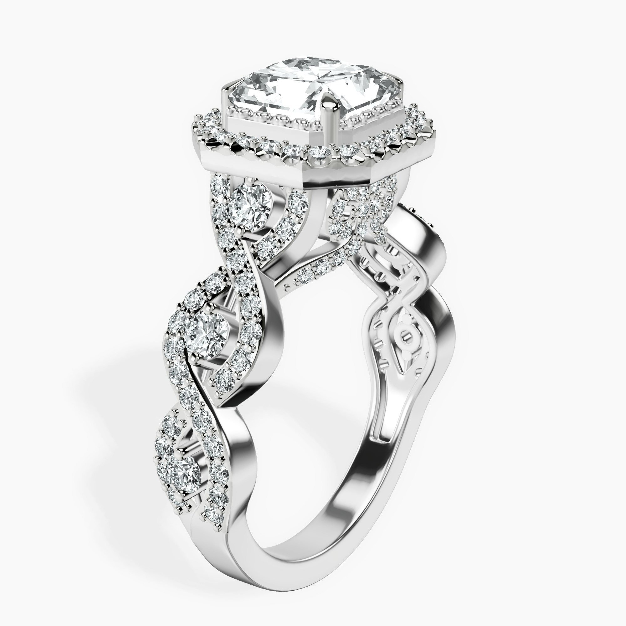 2.94 ct. radiant Prestigia criss cross halo ring in platinum standing product image one