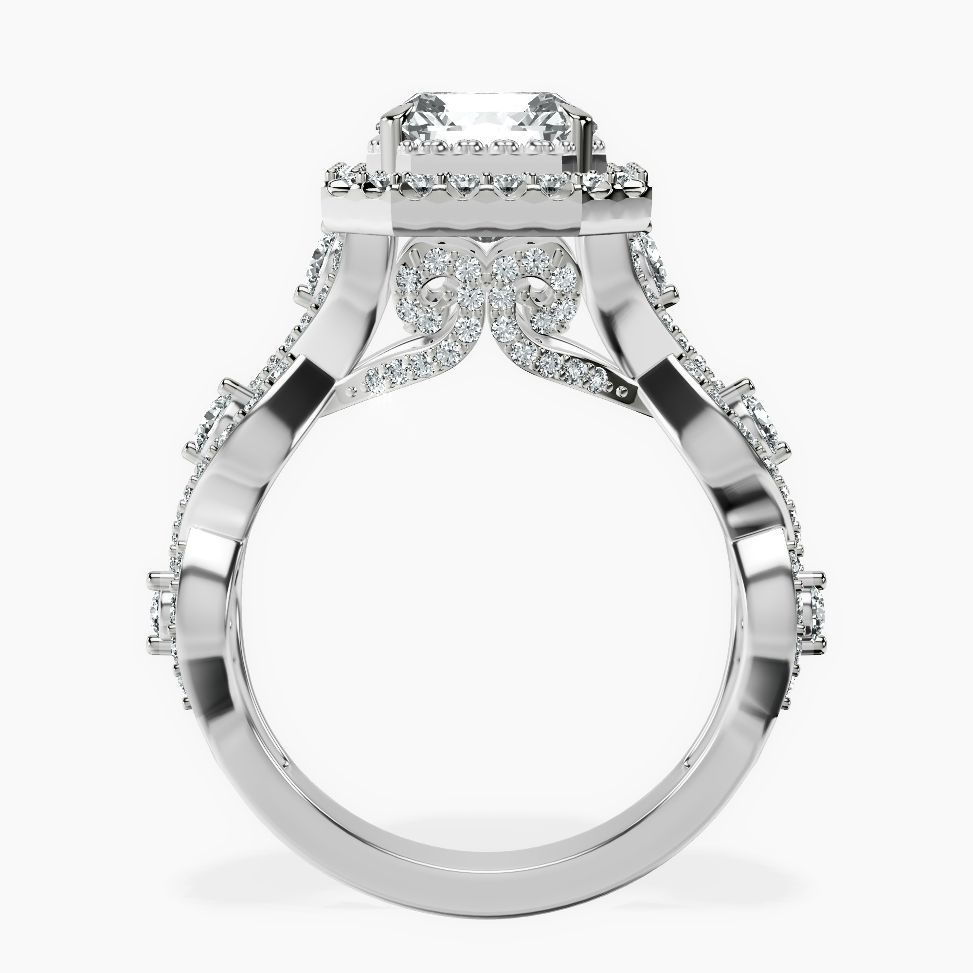 2.94 ct. radiant Prestigia criss cross halo ring in platinum side right image one