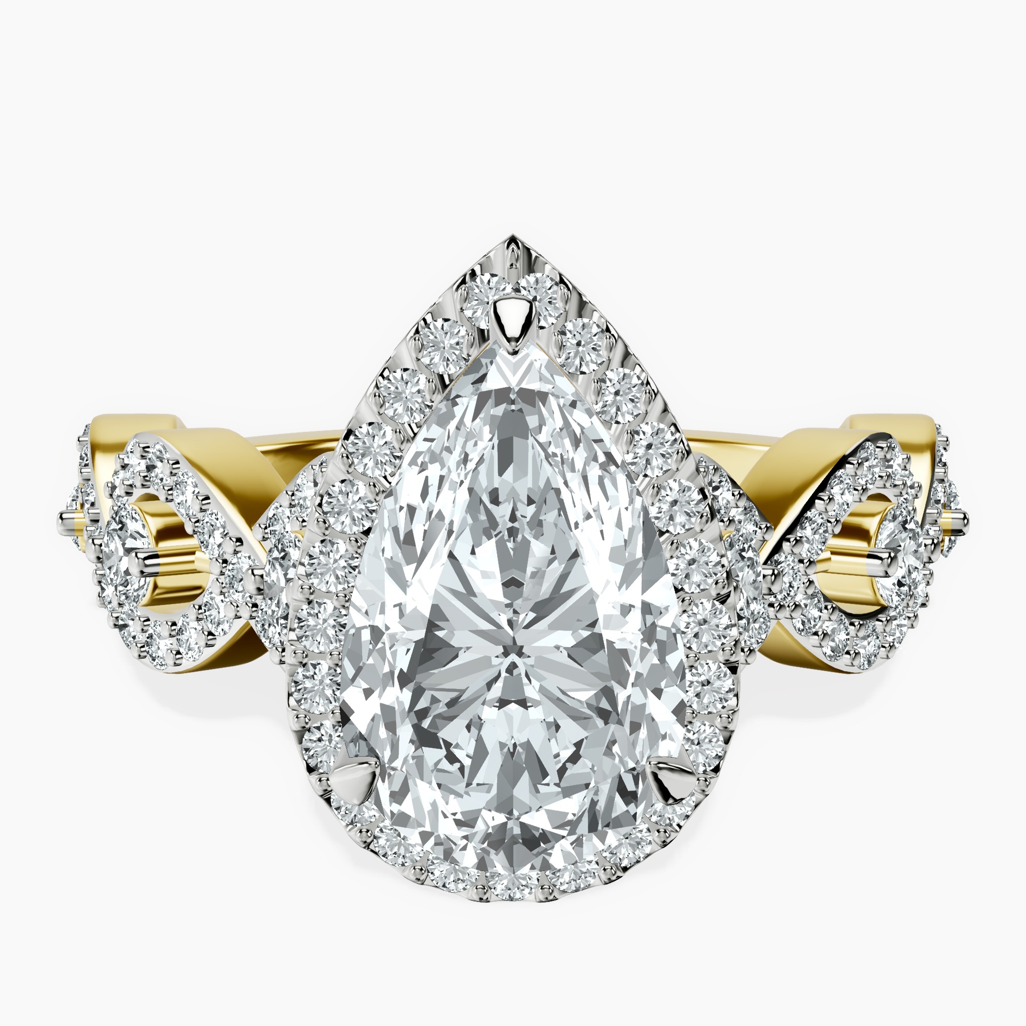 2.96 ct. pear Prestigia criss cross halo ring in 10kt yellow gold rtr top