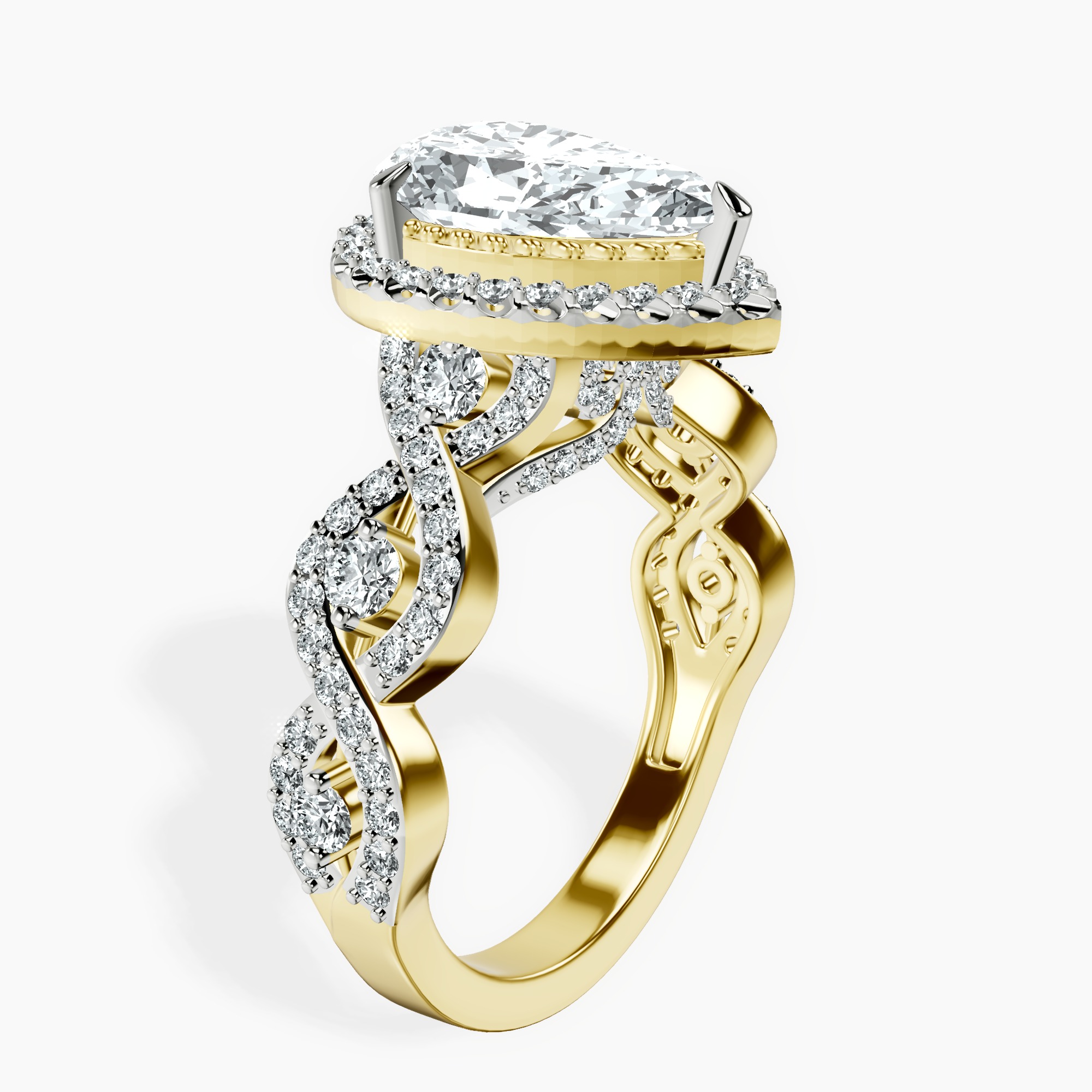 2.96 ct. pear Prestigia criss cross halo ring in 10kt yellow gold standing product image one