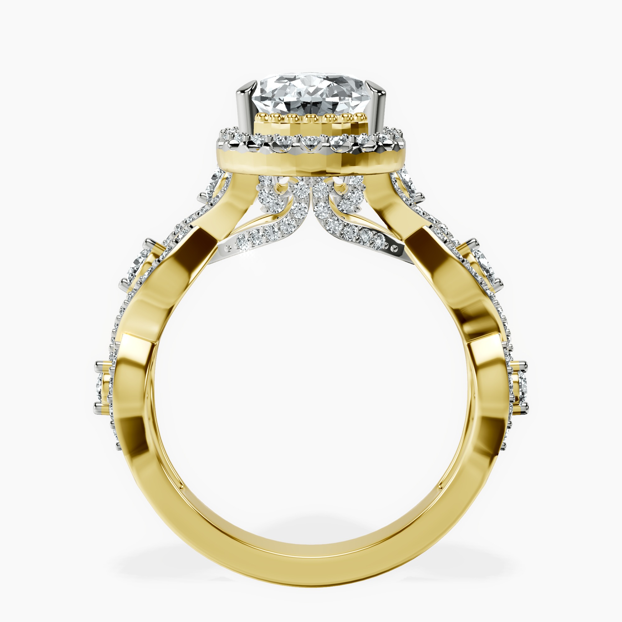 2.96 ct. pear Prestigia criss cross halo ring in 10kt yellow gold side right image one