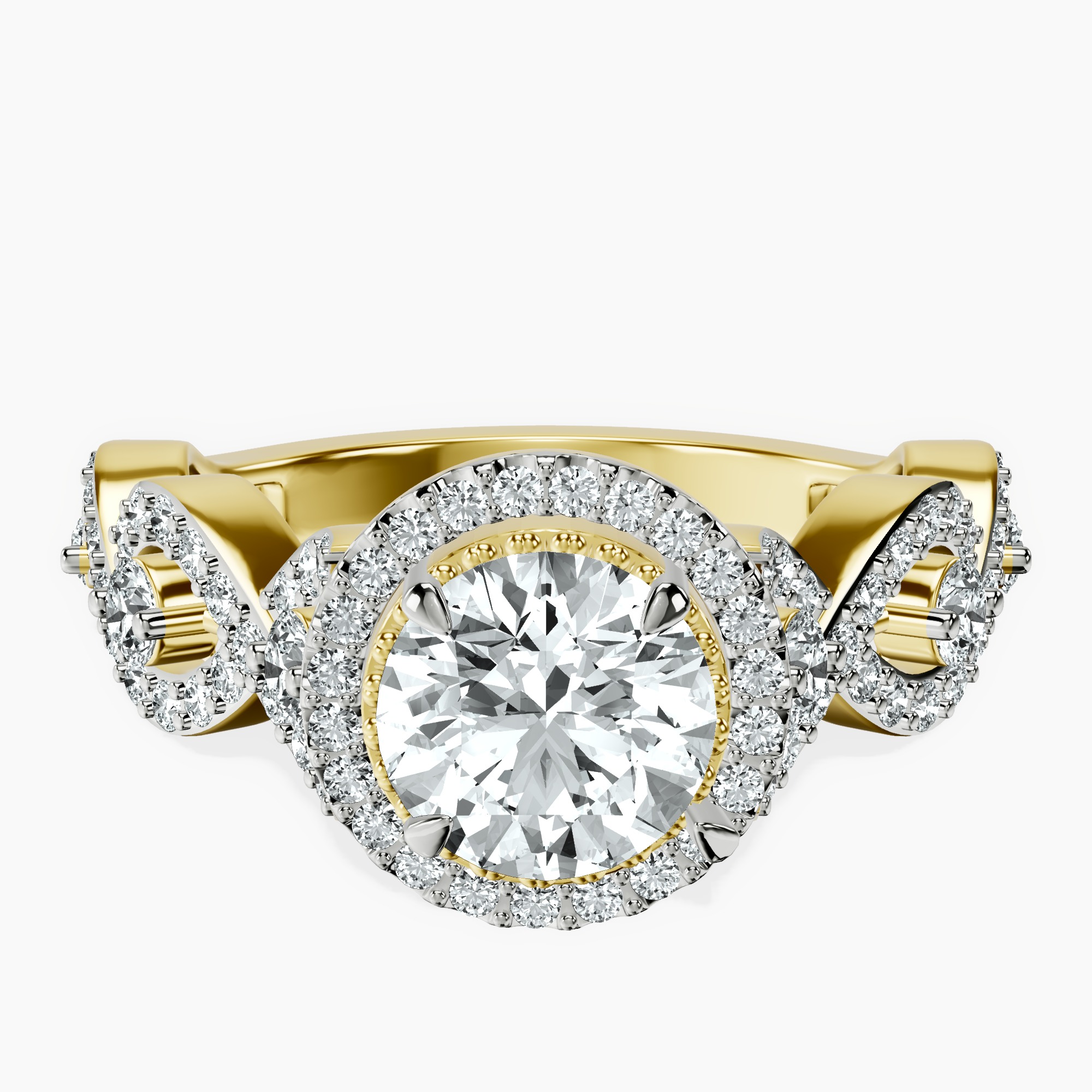 1.02 ct. round Prestigia criss cross halo ring in 18kt yellow gold rtr top