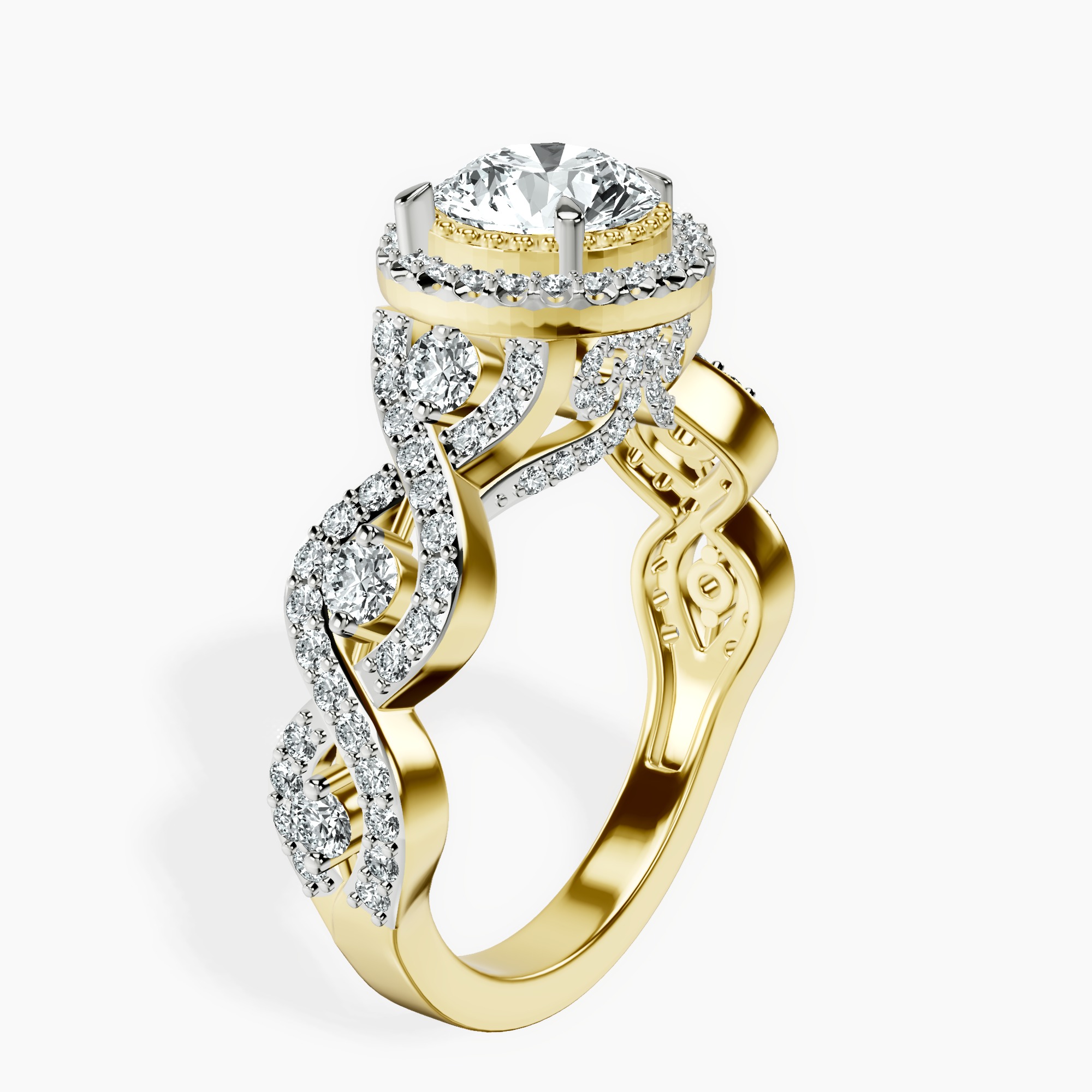 1.02 ct. round Prestigia criss cross halo ring in 18kt yellow gold standing product image one