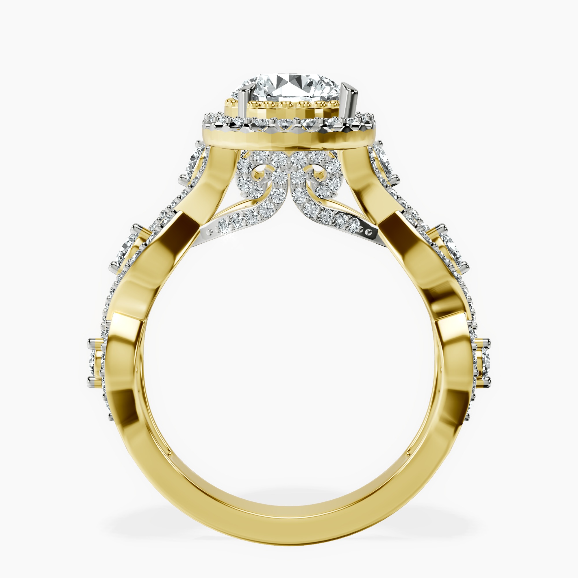 1.02 ct. round Prestigia criss cross halo ring in 18kt yellow gold side right image one