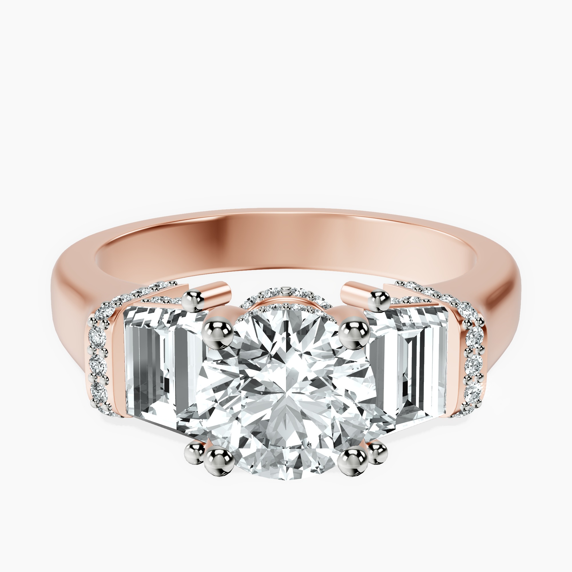 1.39 ct. round Astrid Three Stone Trapezoid Lab Diamond Ring in 10kt rose gold rtr top