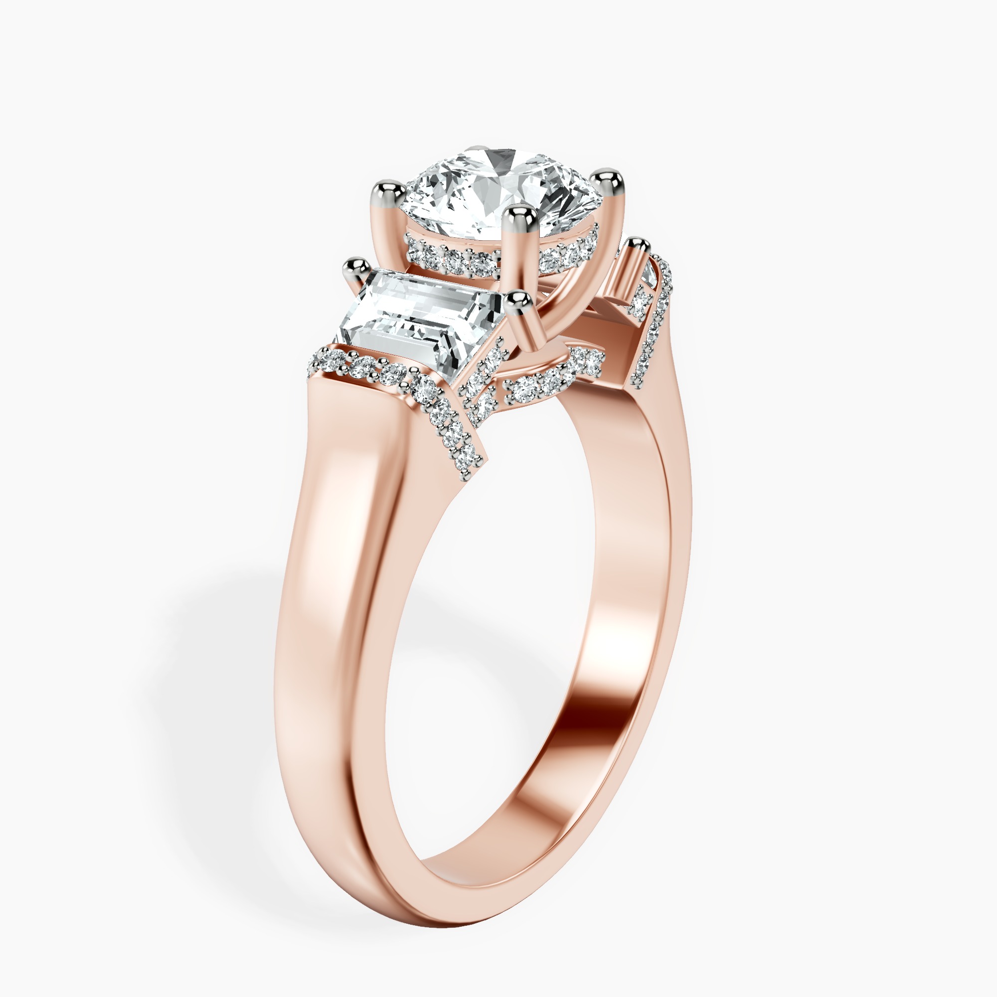 1.39 ct. round Astrid Three Stone Trapezoid Lab Diamond Ring in 10kt rose gold standing product image one