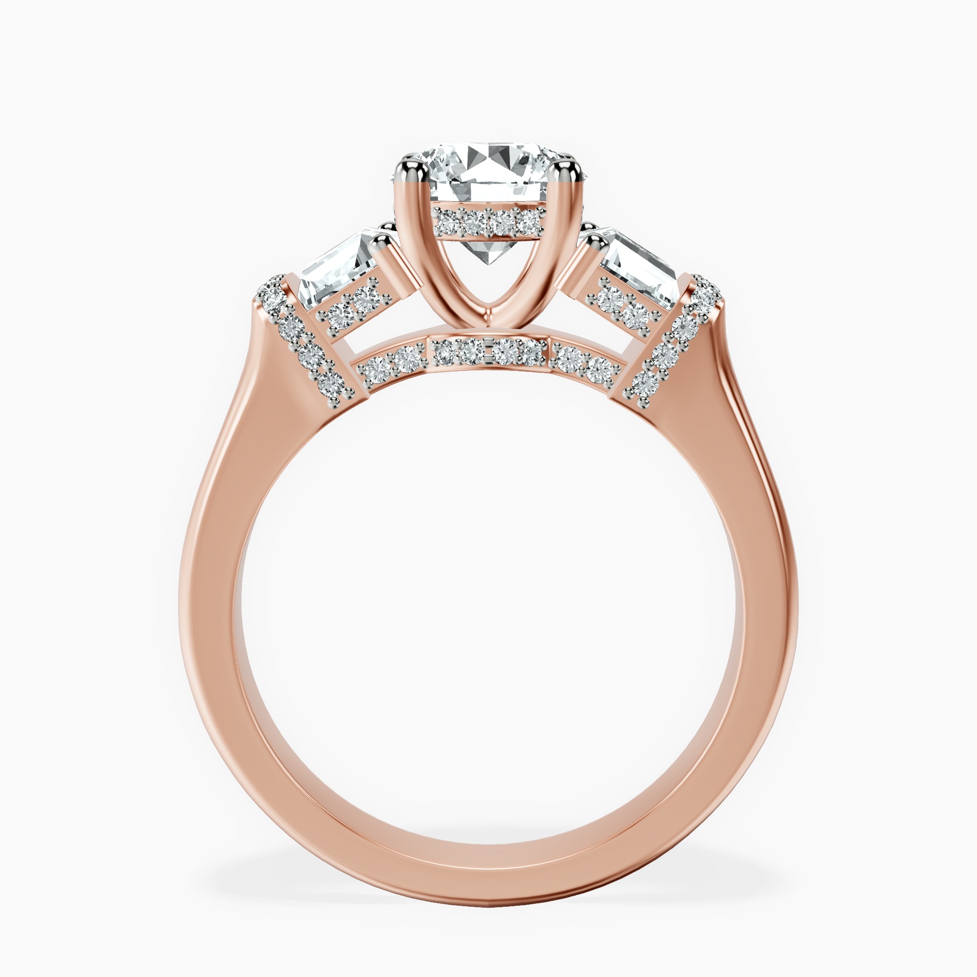 1.39 ct. round Astrid Three Stone Trapezoid Lab Diamond Ring in 10kt rose gold side right image one