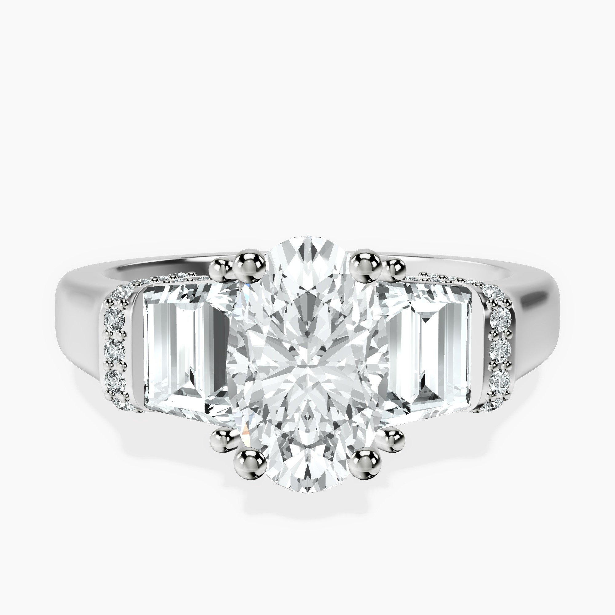 1.46 ct. oval Astrid Three Stone Trapezoid Lab Diamond Ring in 14kt white gold rtr top