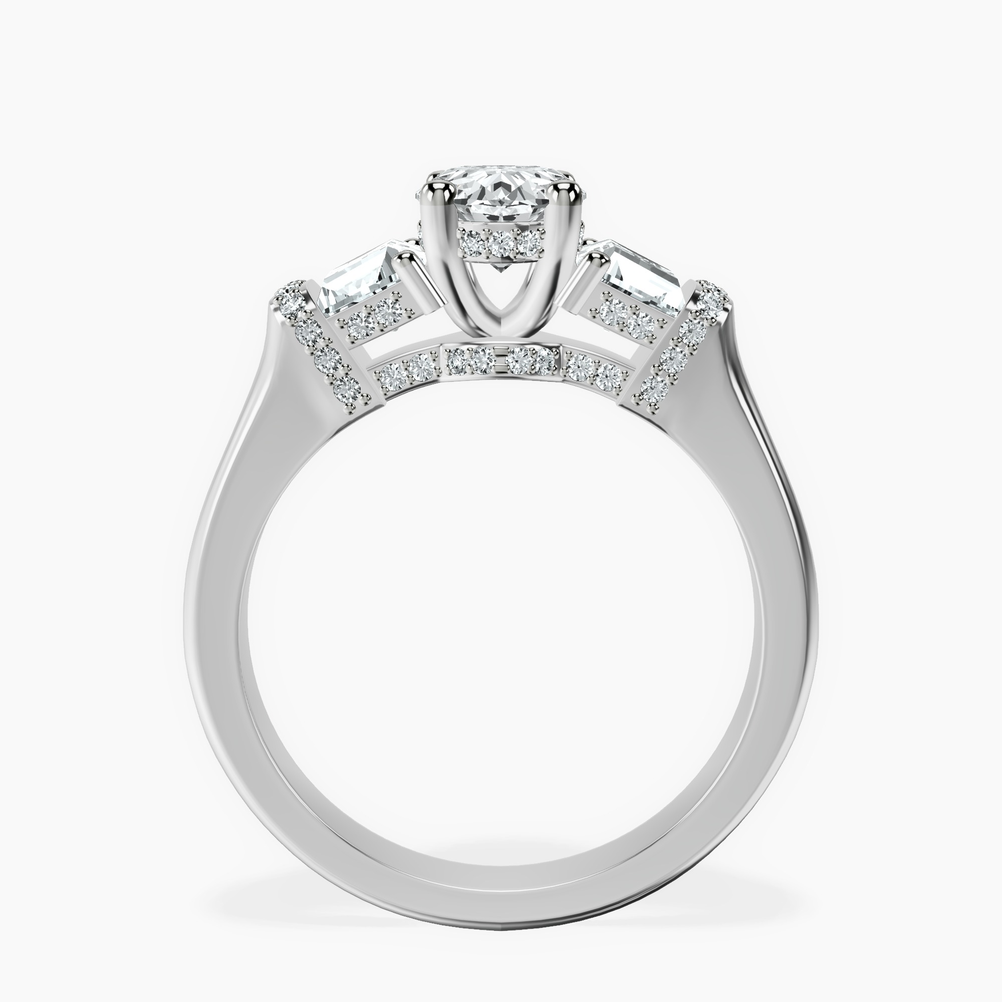 1.46 ct. oval Astrid Three Stone Trapezoid Lab Diamond Ring in 14kt white gold side right image one