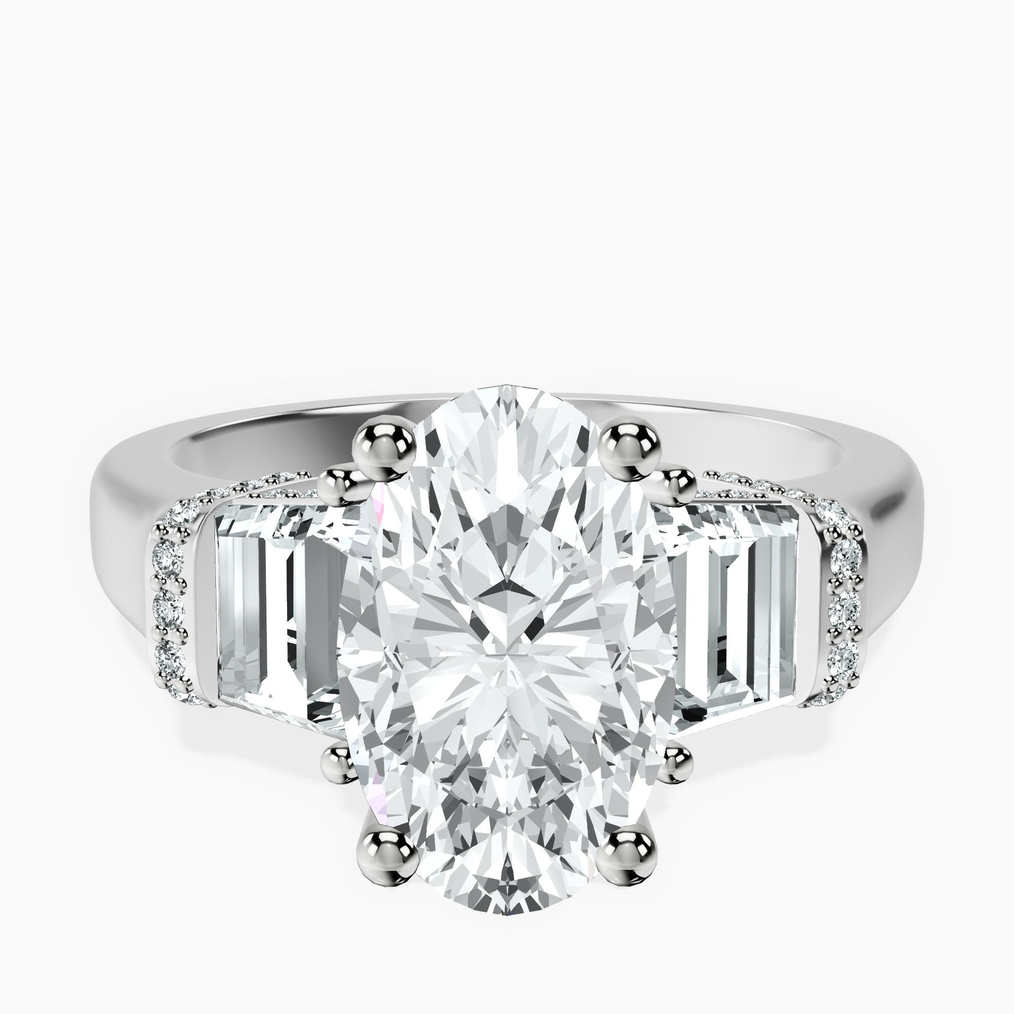2.40 ct. oval Astrid Three Stone Trapezoid Lab Diamond Ring in platinum rtr top