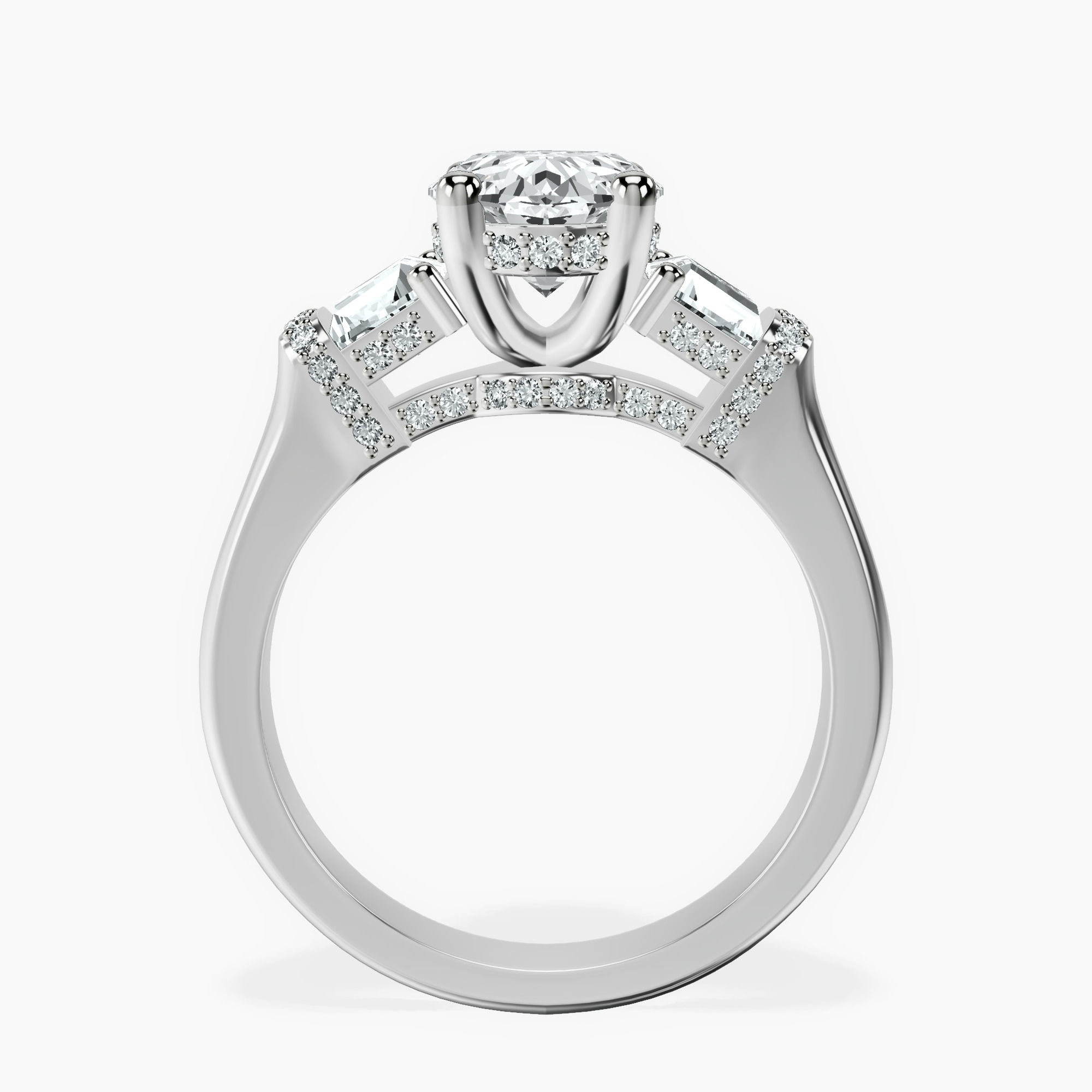 2.40 ct. oval Astrid Three Stone Trapezoid Lab Diamond Ring in platinum side right image one