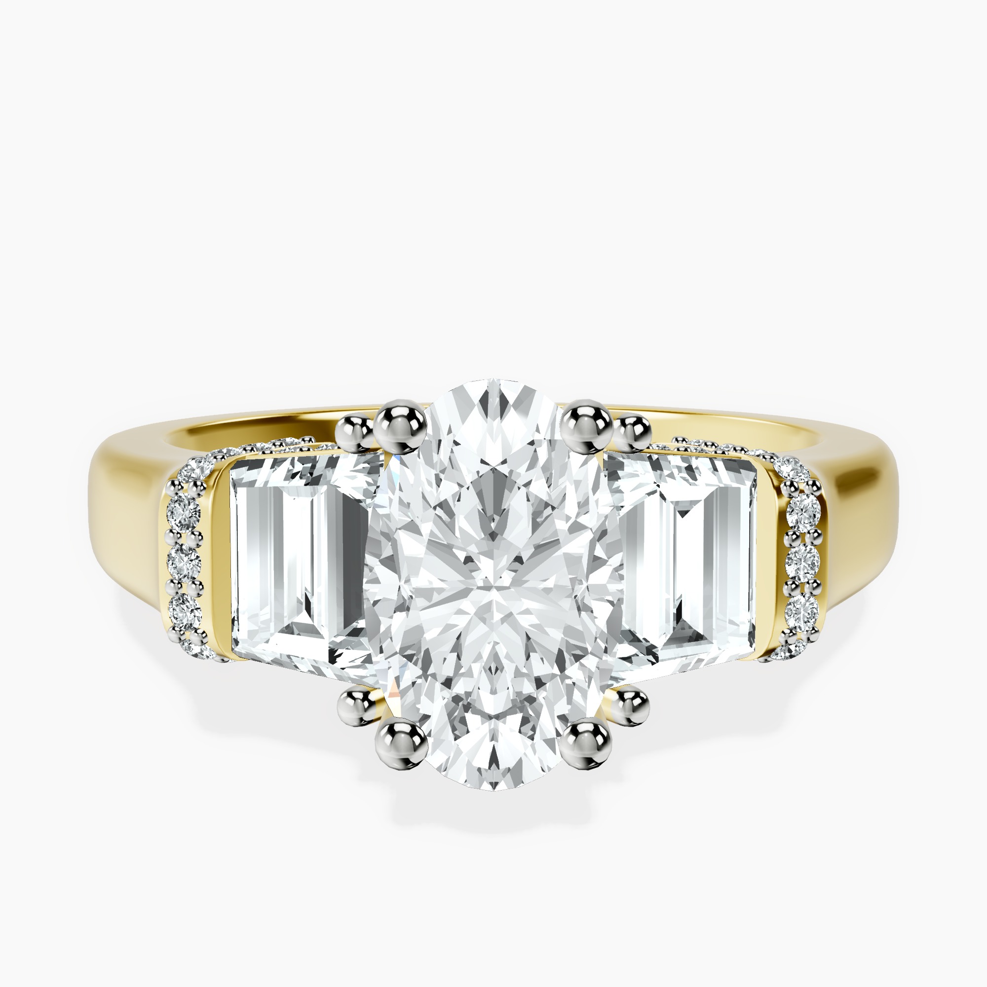 1.37 ct. oval Astrid Three Stone Trapezoid Lab Diamond Ring in 10kt yellow gold rtr top