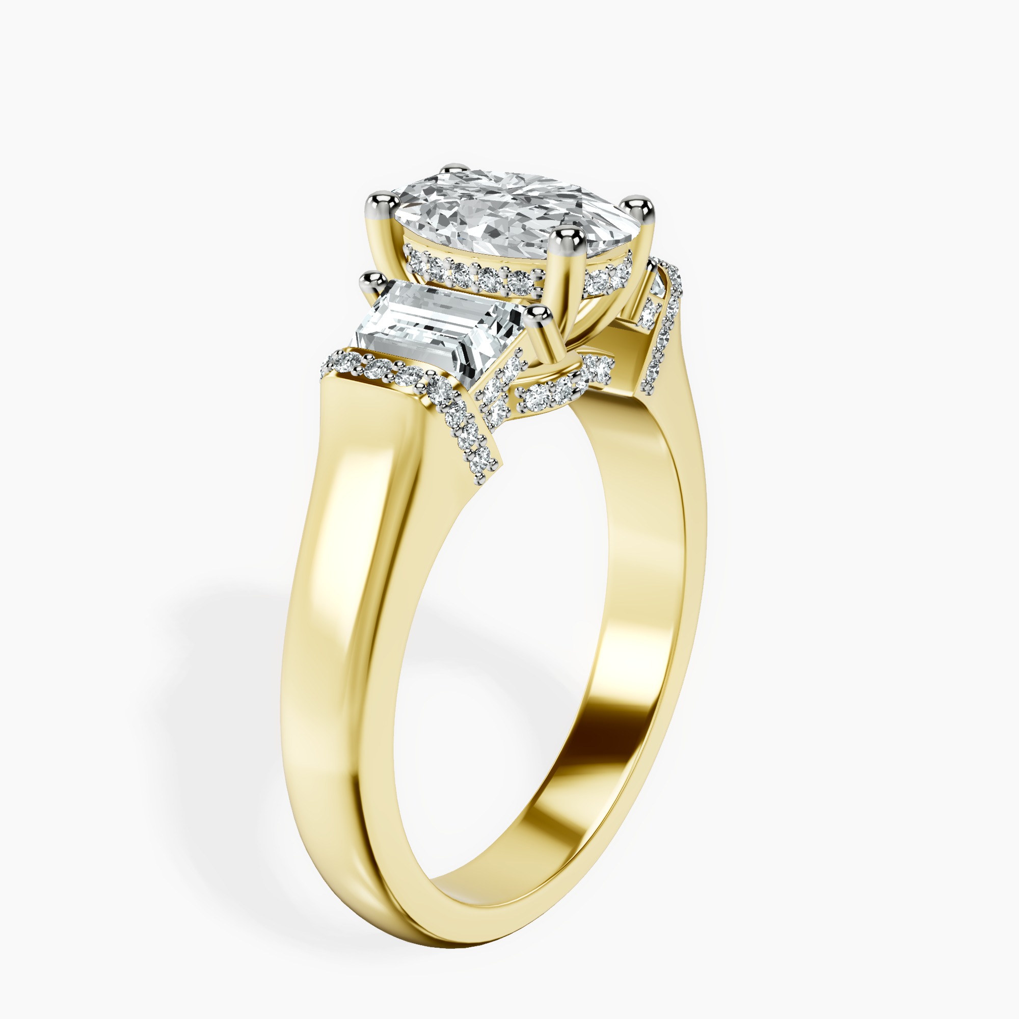 1.37 ct. oval Astrid Three Stone Trapezoid Lab Diamond Ring in 10kt yellow gold standing product image one