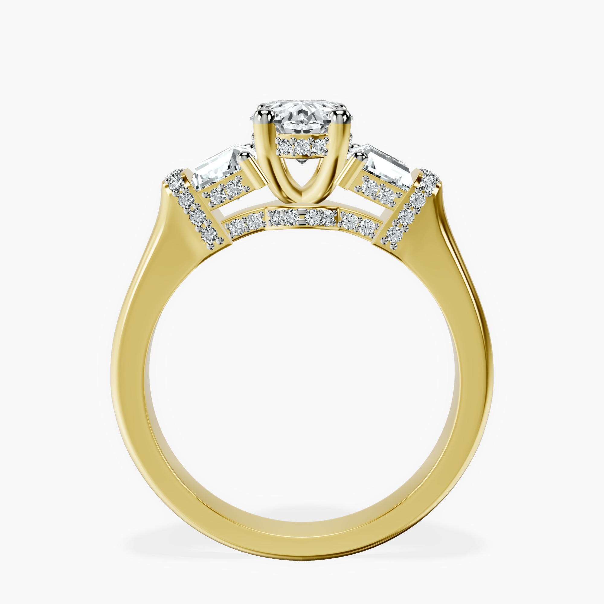 1.37 ct. oval Astrid Three Stone Trapezoid Lab Diamond Ring in 10kt yellow gold side right image one