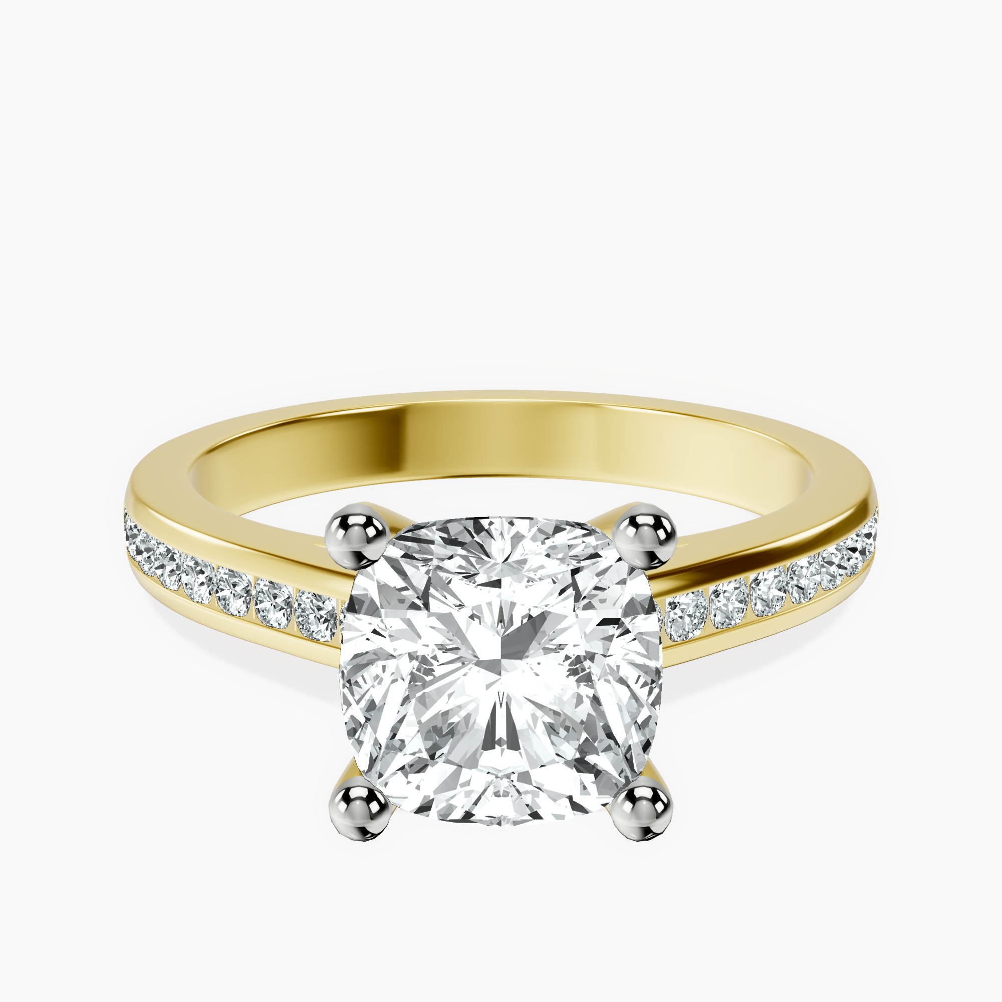2.46 ct. cushion Lucent Side Channel Set Lab Diamond Ring in 18kt yellow gold rtr top