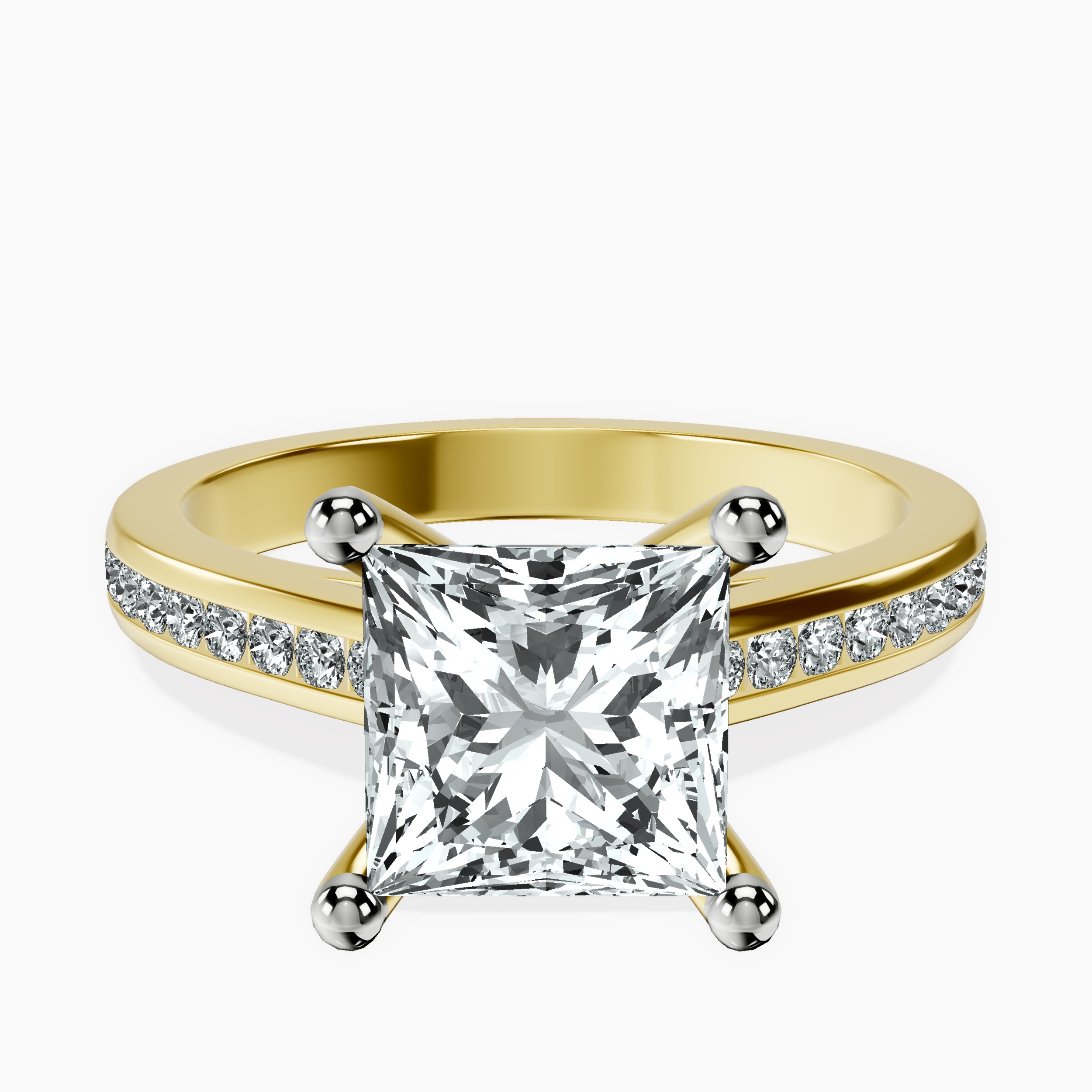 2.80 ct. princess Lucent Side Channel Set Lab Diamond Ring in 10kt yellow gold rtr top