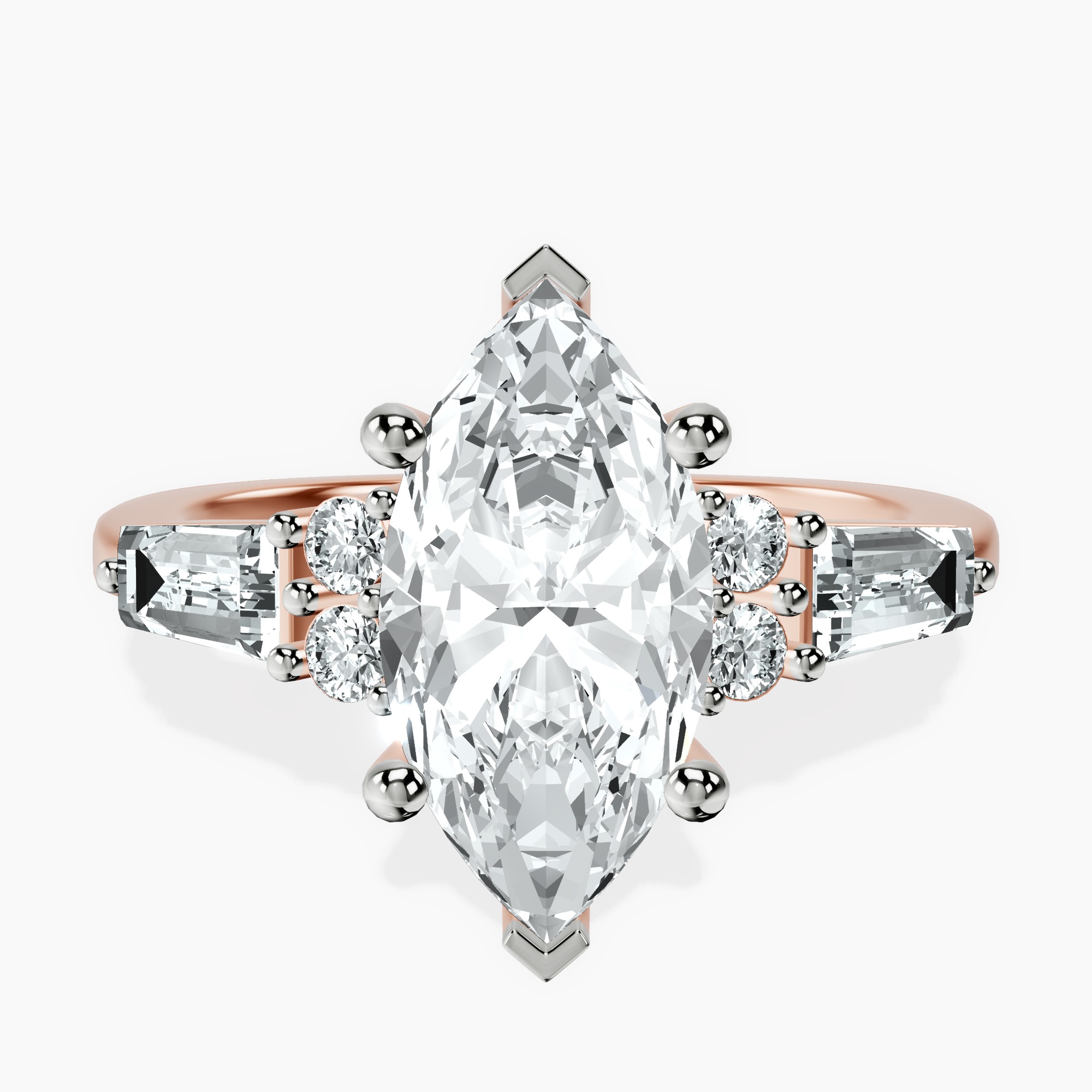2.92 ct. marquise Helia Tapered Baguette Lab Diamond Ring in 18kt rose gold rtr top